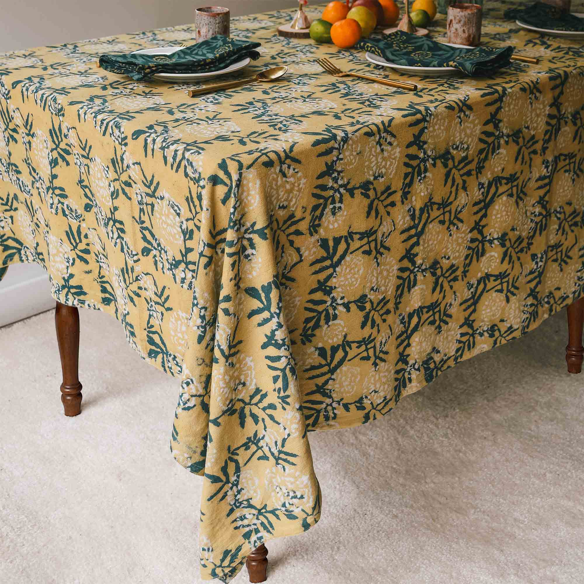 Organic Cotton Block Print Tablecloth | Flower Field: 56"x84"