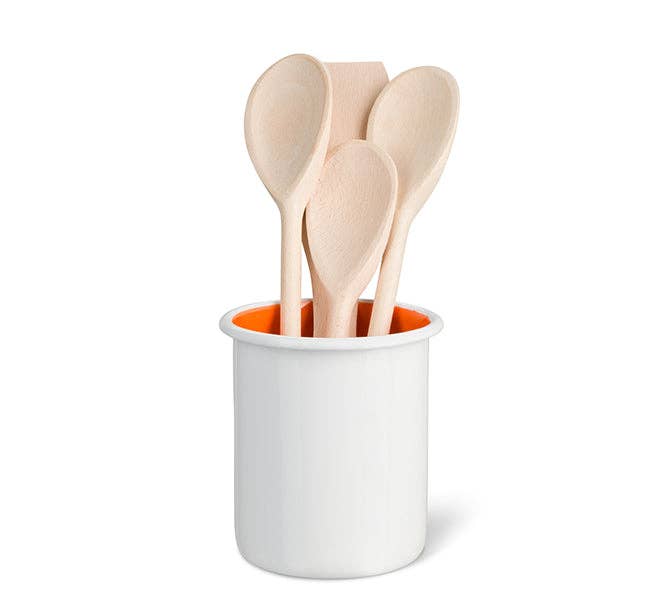 Medium Enamel Utensil Holder in Bright White / Orange Flame