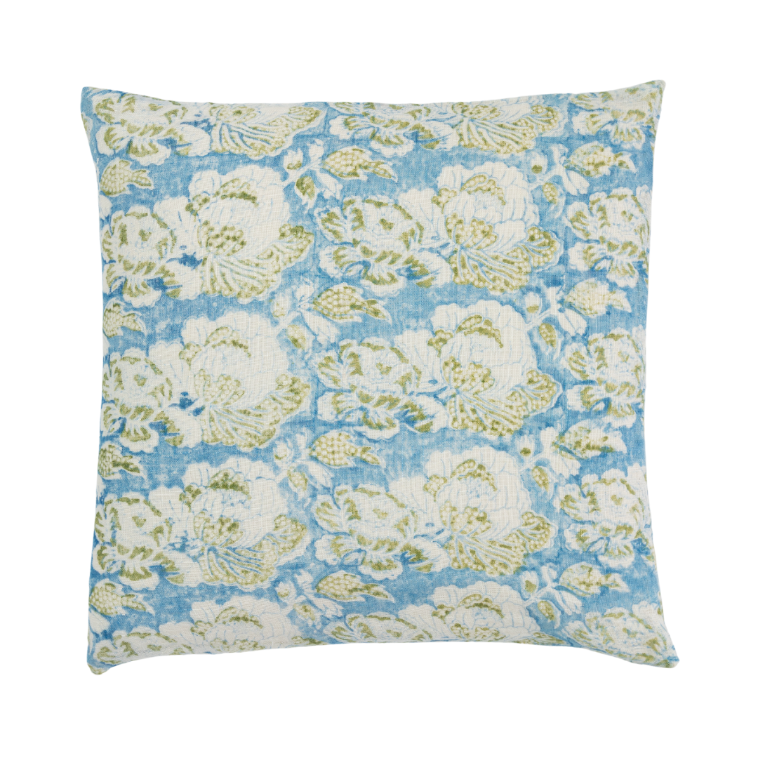 Cabbage Rose Cornflower Blue/Green Decorative Pillow Cover