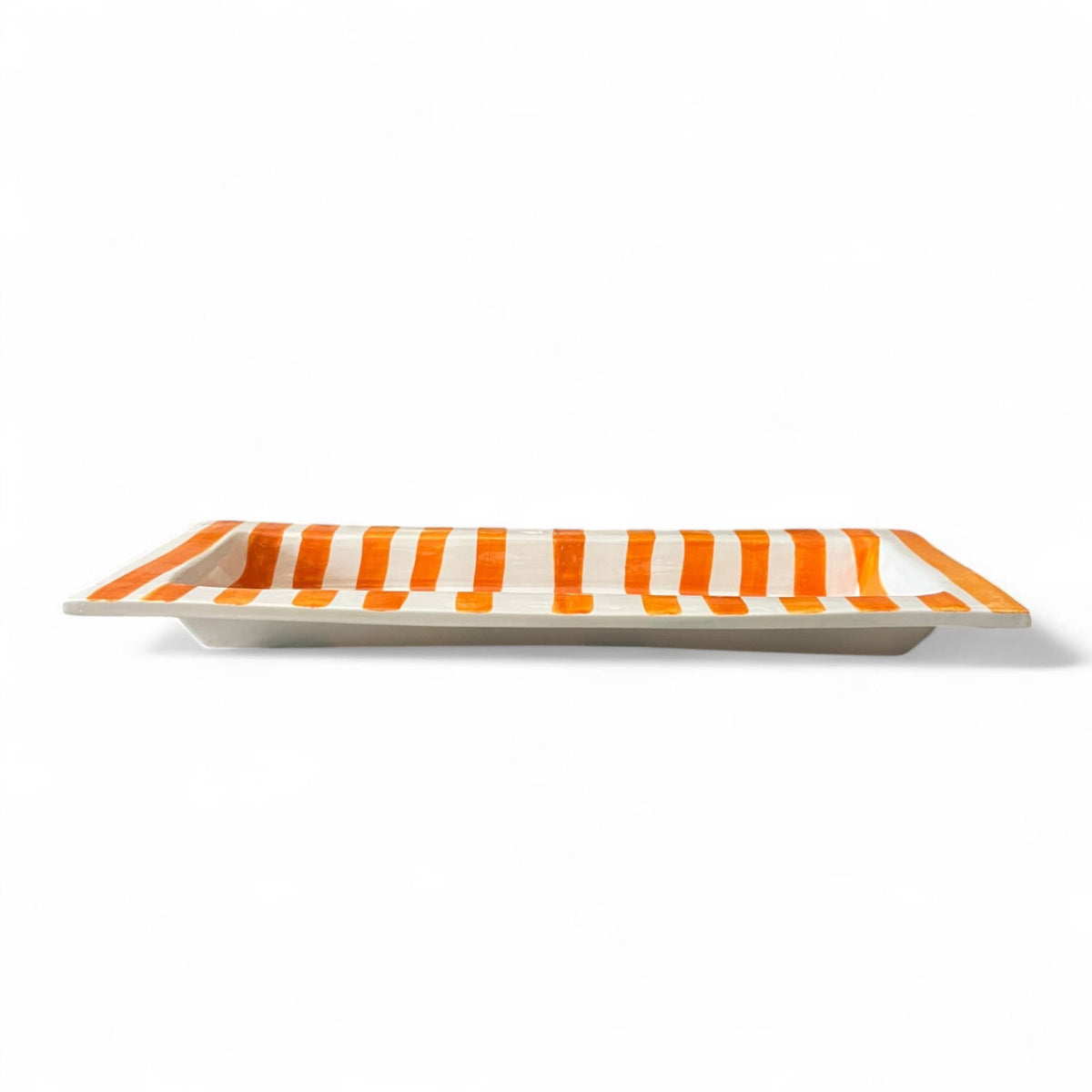 Handmade Striped Ceramic Serving Platter — Orange & White