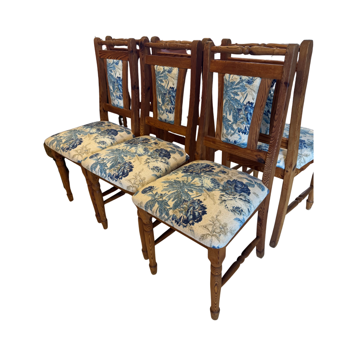 Vintage Pine High-Back Blue and White Upholstered Dining Chairs, Set of 6 Vintage 1980s