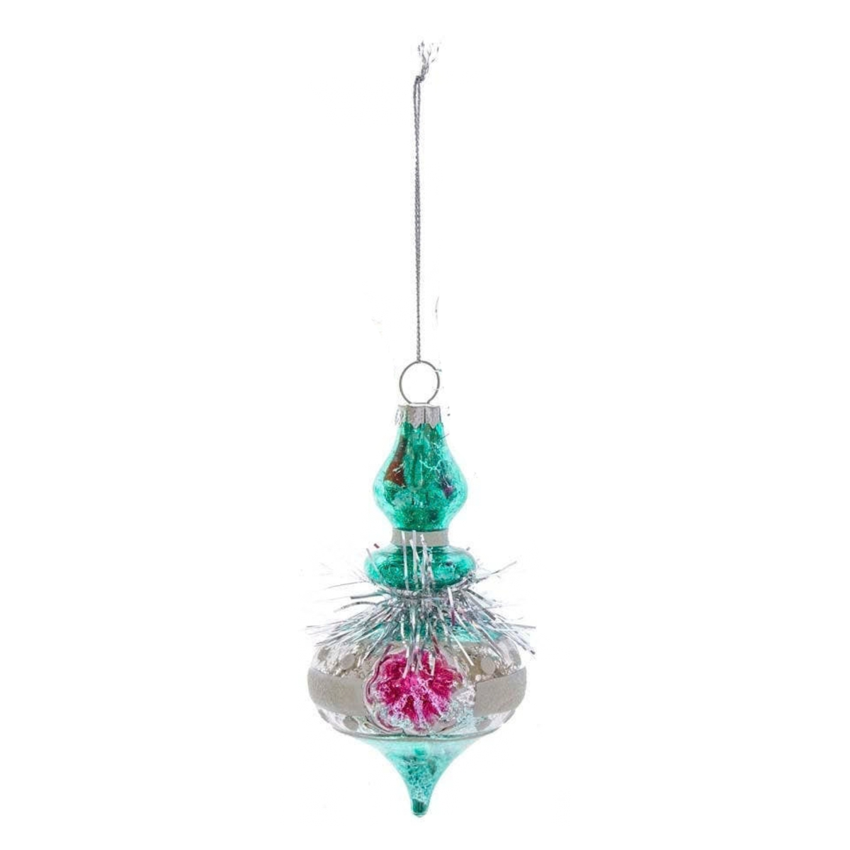 5" Glass Retro Finial with Tinsel Ornament, Turquoise