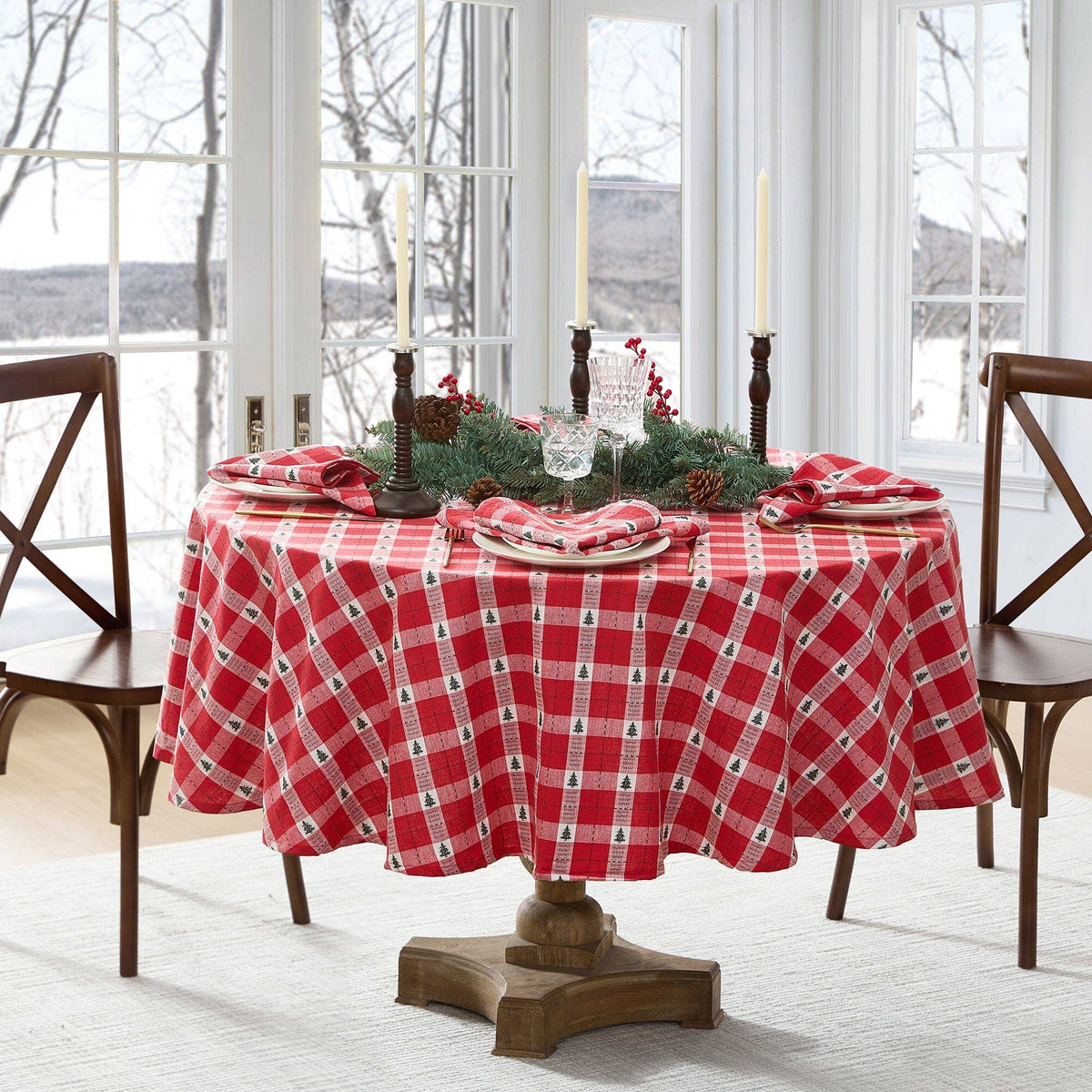 Sherwood Tree Dobby Cotton Tablecloth: Red / 70" Round