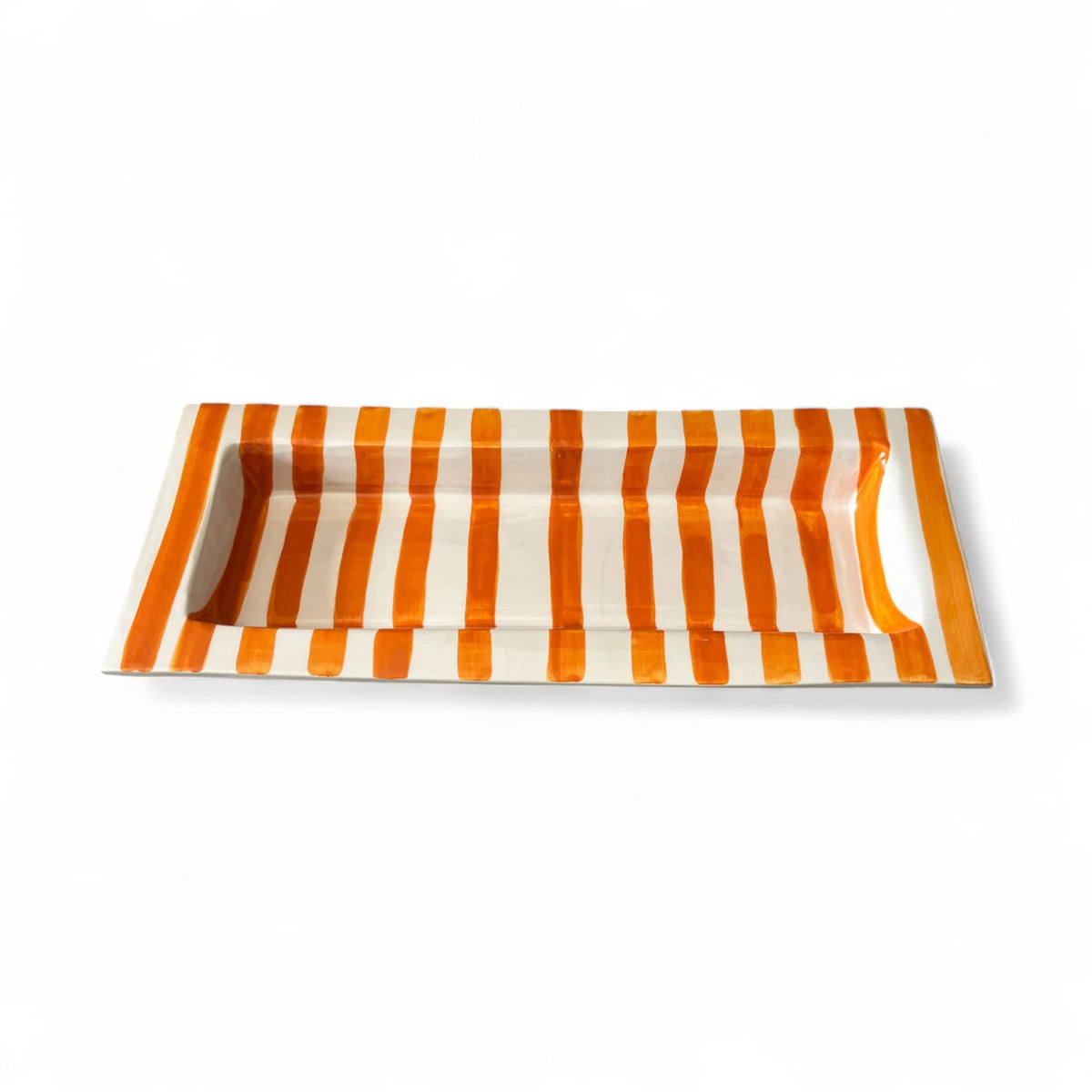 Handmade Striped Ceramic Serving Platter — Orange & White