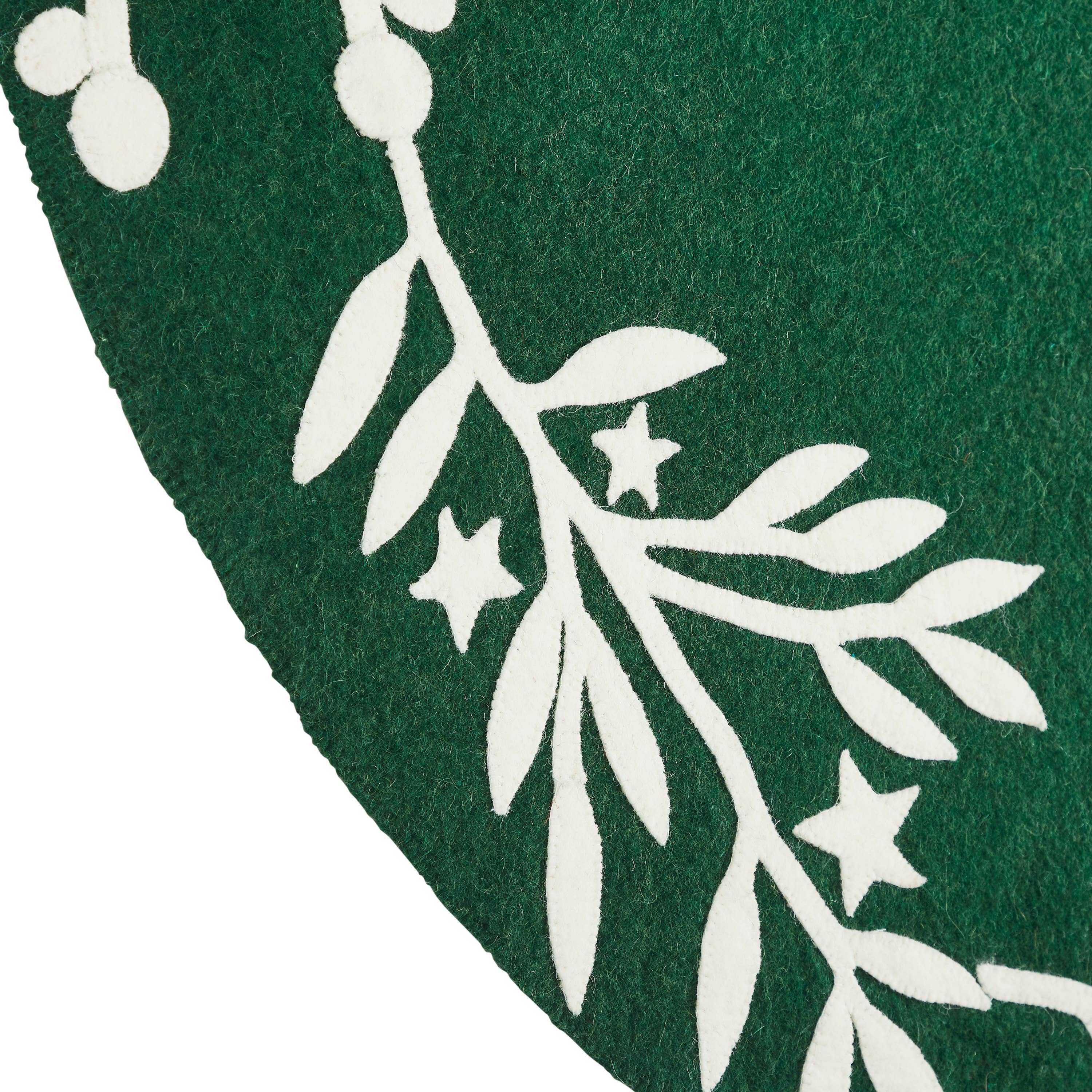 Handmade Green Christmas Tree Skirt Cream Branches & Stars