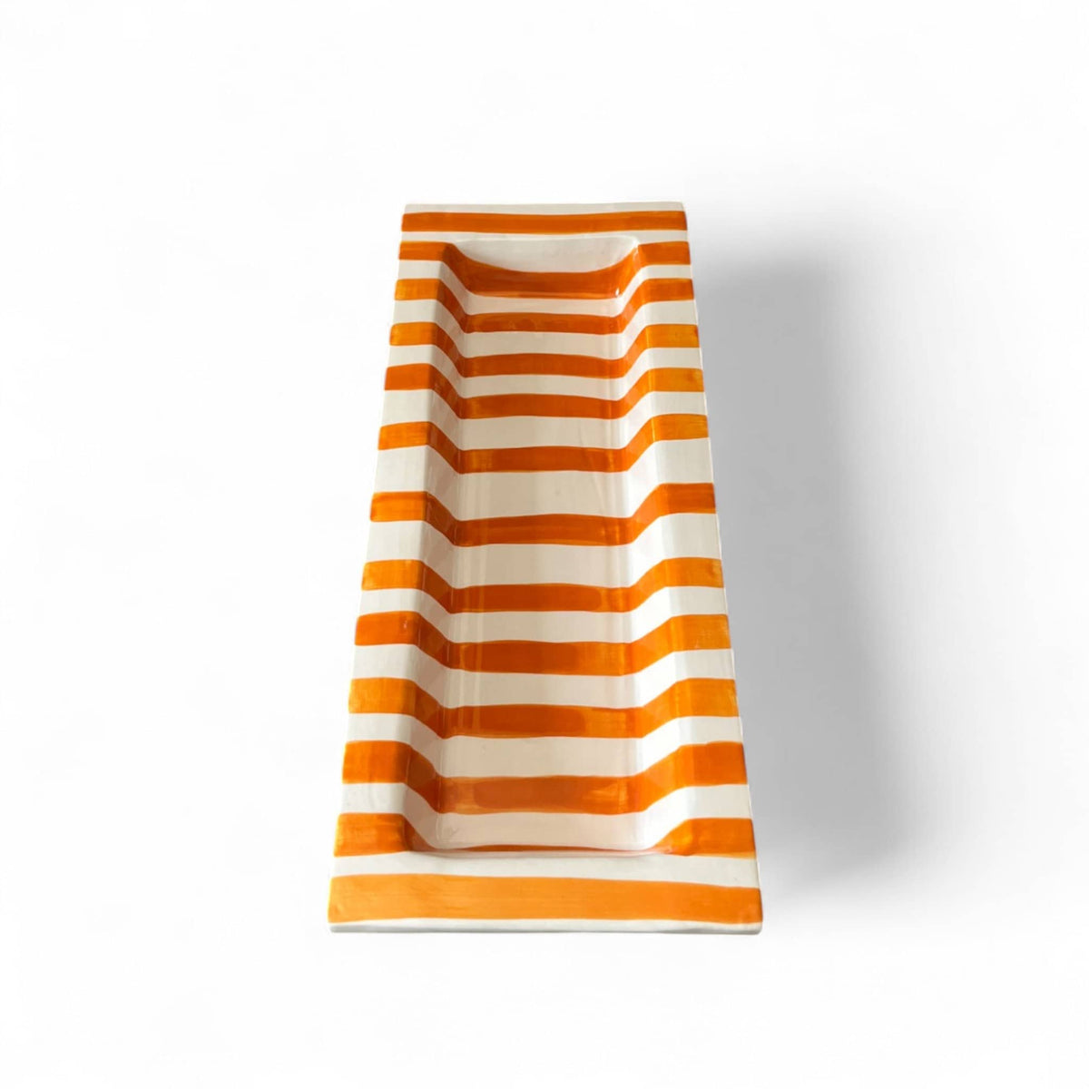Handmade Striped Ceramic Serving Platter — Orange & White
