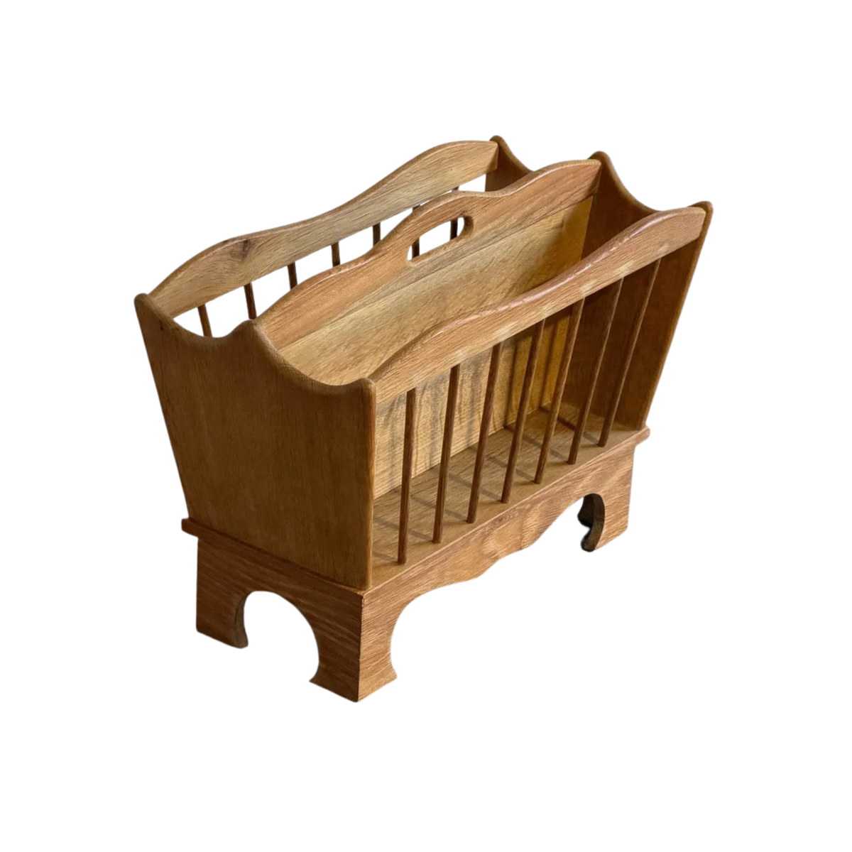 Oak Magazine Holder with Spindle Sides and Cut-Out Handle Vintage Mid-Century Modern 1970s