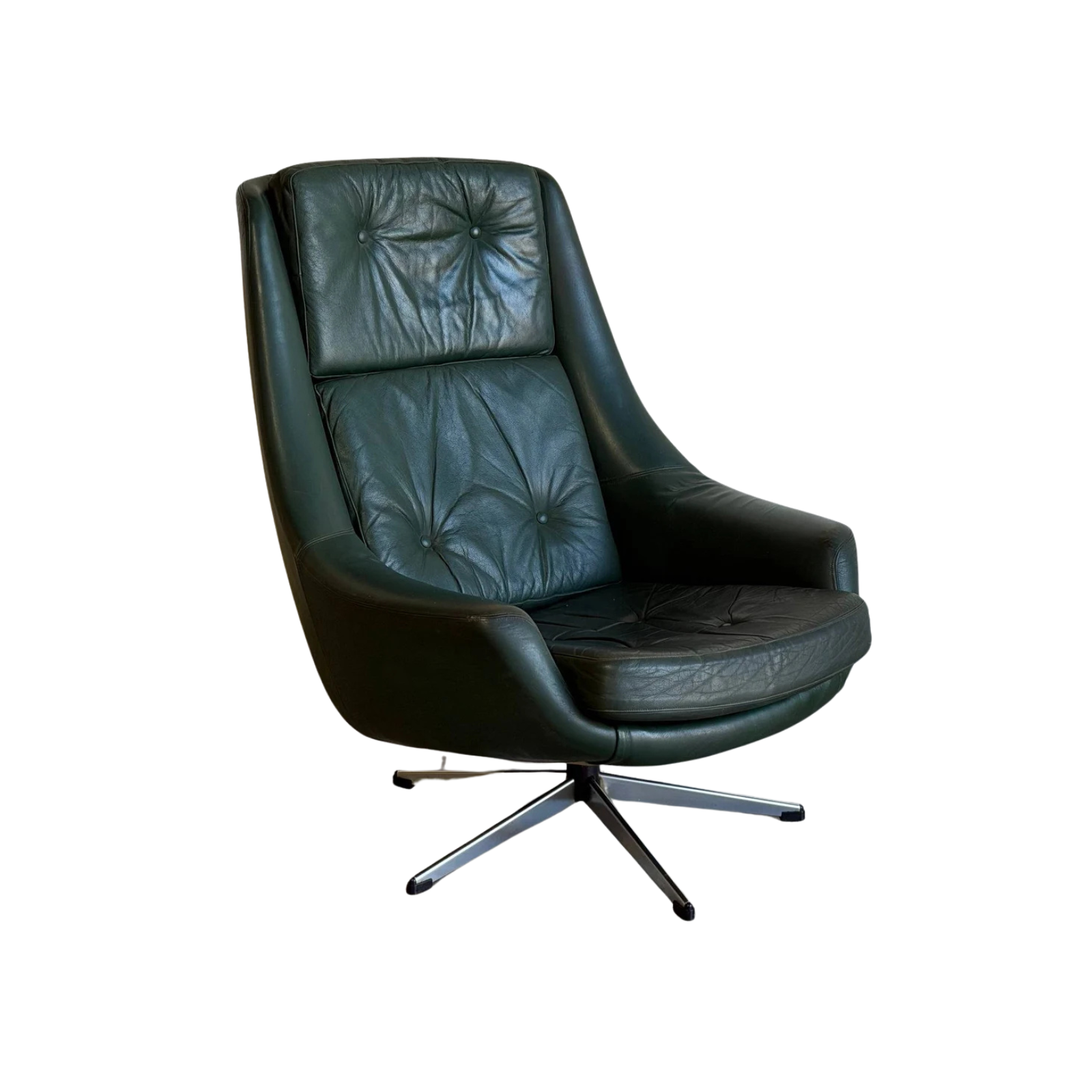HW Klein for Bramin Green Leather Swivel Lounge Chair Danish Mid-Century Modern 1960s