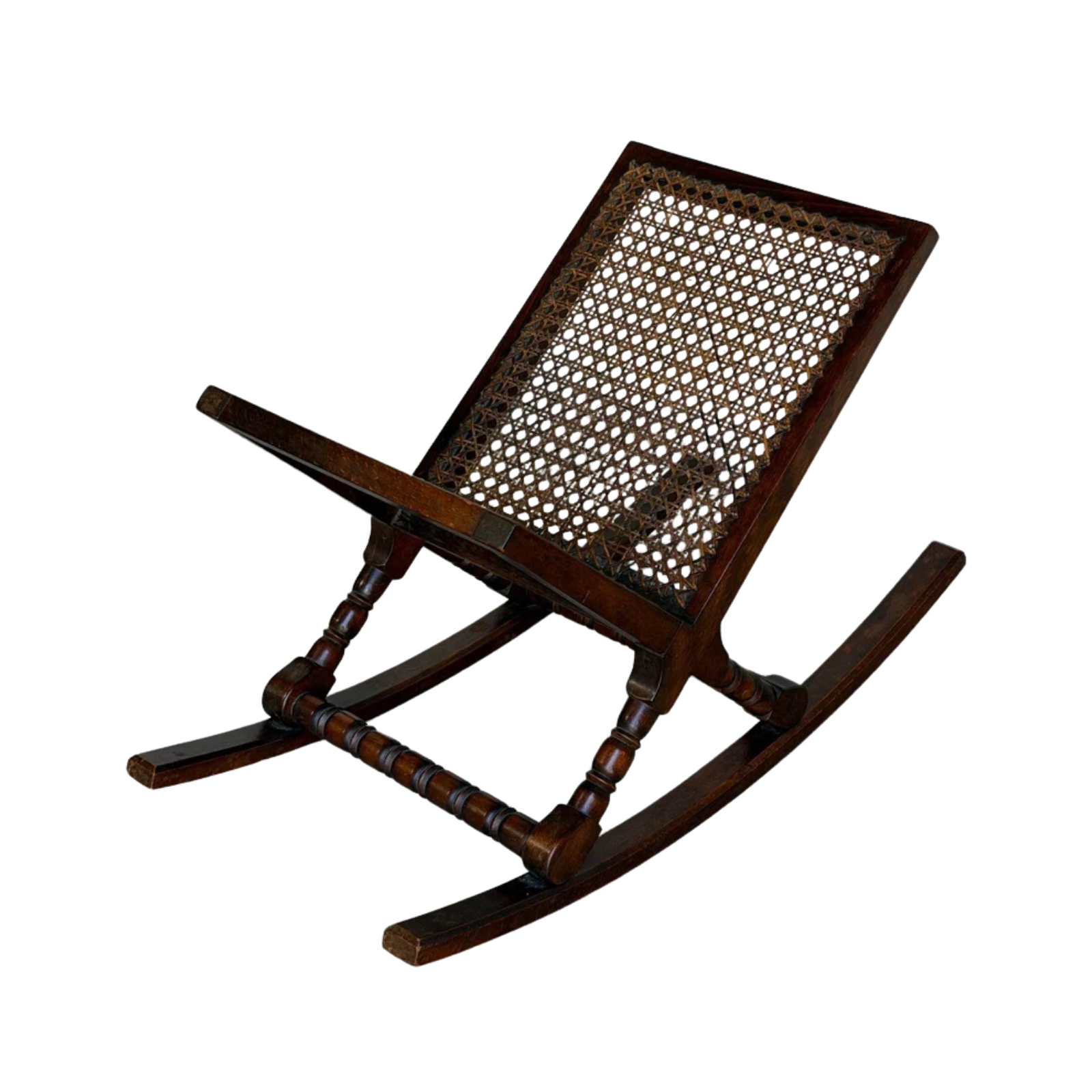 Vintage Danish Modern Rocking Magazine Rack in Dark Wood and Cane Denmark 1960s