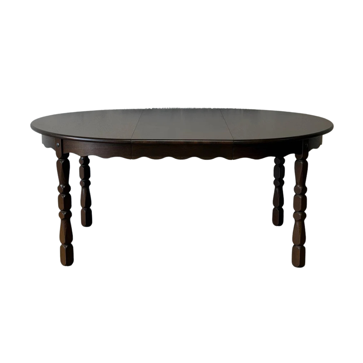 Dark Oak Extendable Round Dining Table with Scalloped Apron and Turned Legs Vintage 1970s