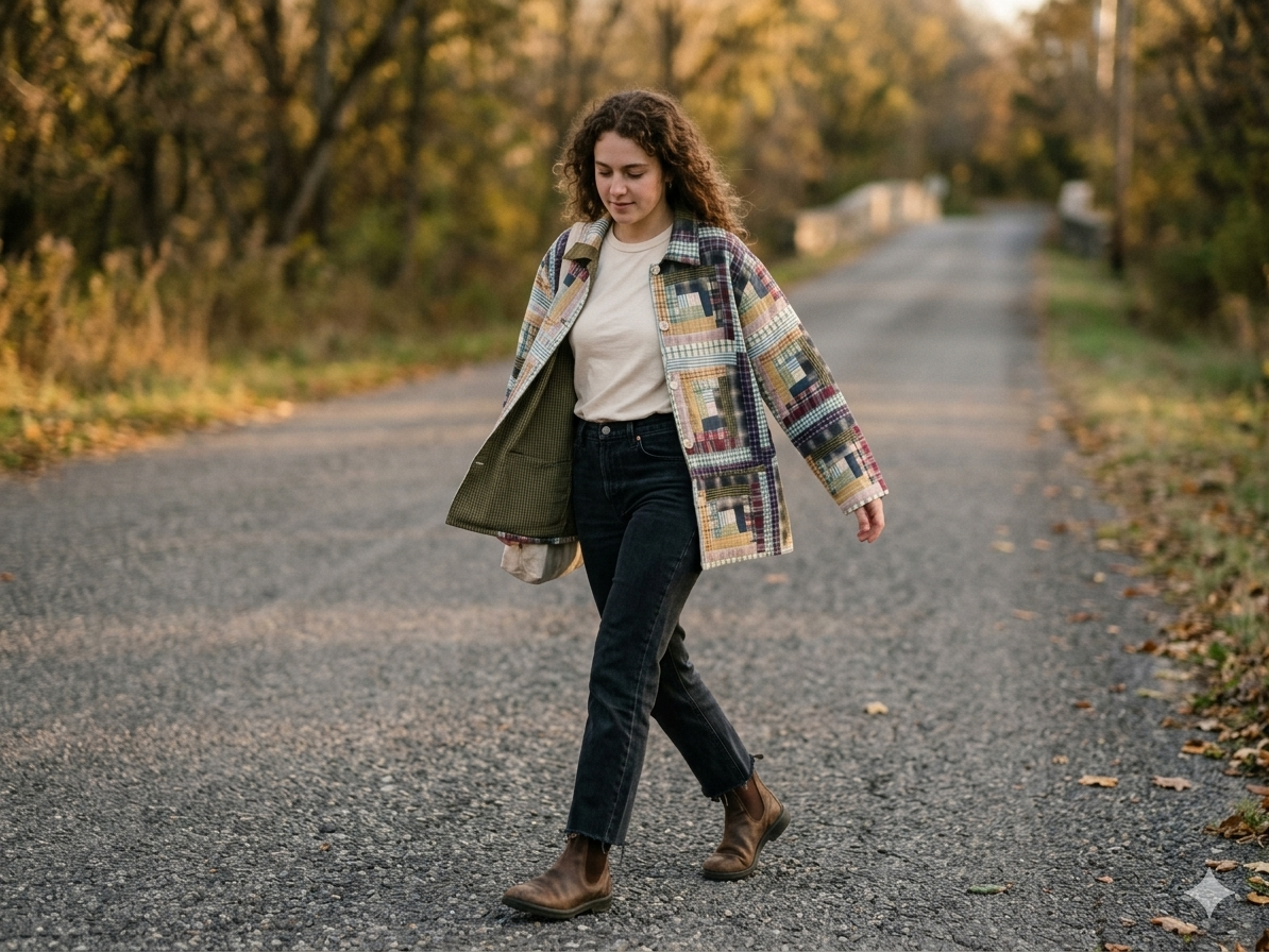 Wild Goose Log Cabin Quilted Cotton Jacket, Reversible, Soft: L