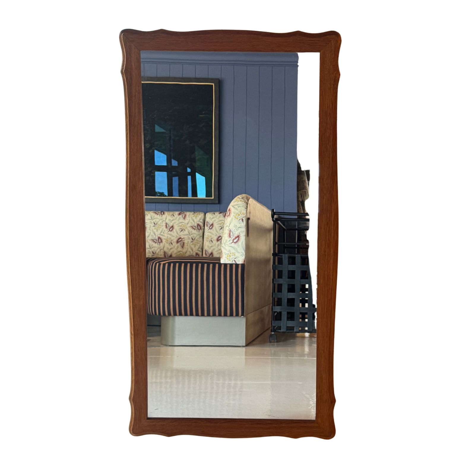 Large Oak Rectangular Wall Mirror with Curved Frame Danish Mid-Century Modern 1970s