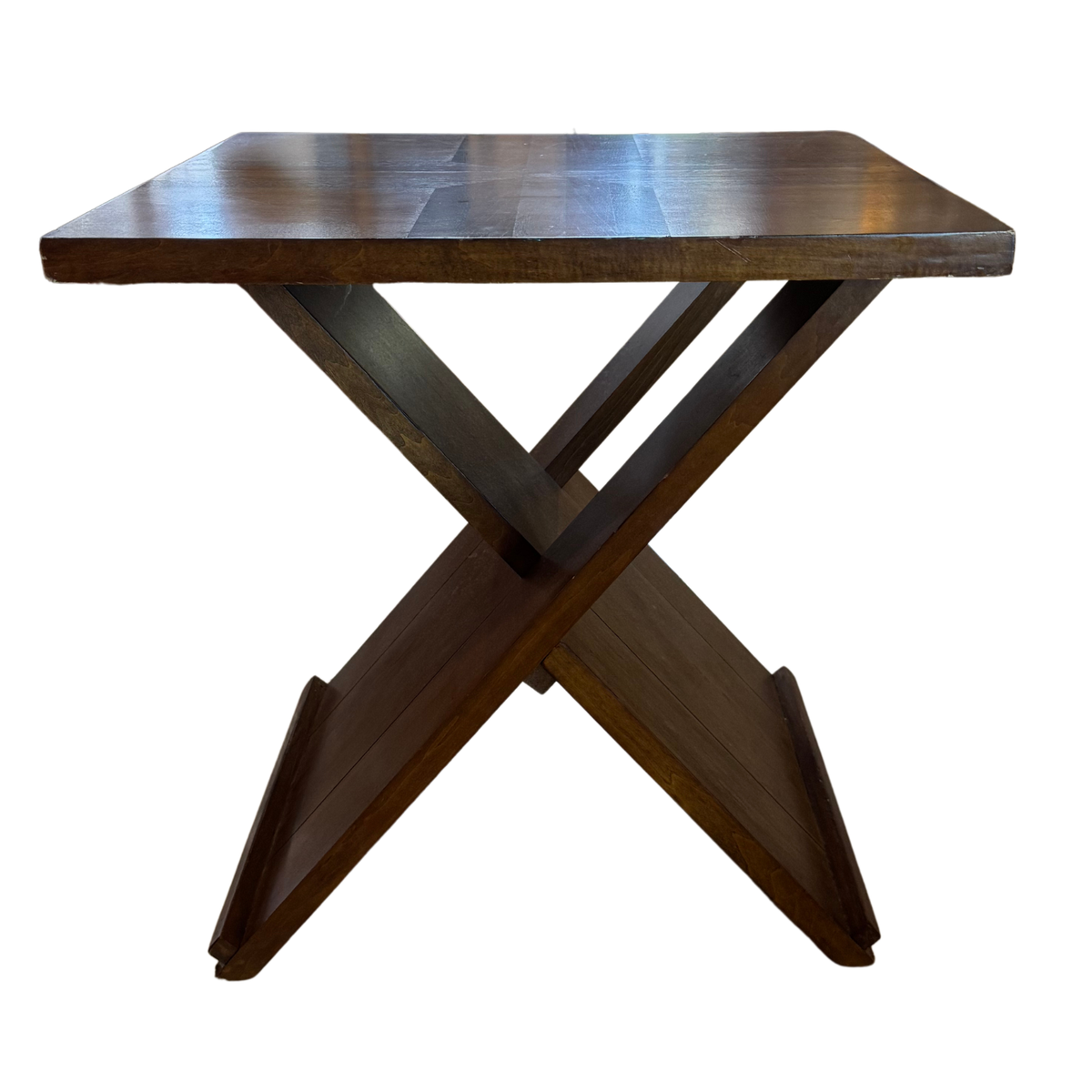 Mid-Century Modern Sculptural X-Shaped Side Table with architectural pedestal base, solid wood and mixed-wood cross-inlay tabletop.