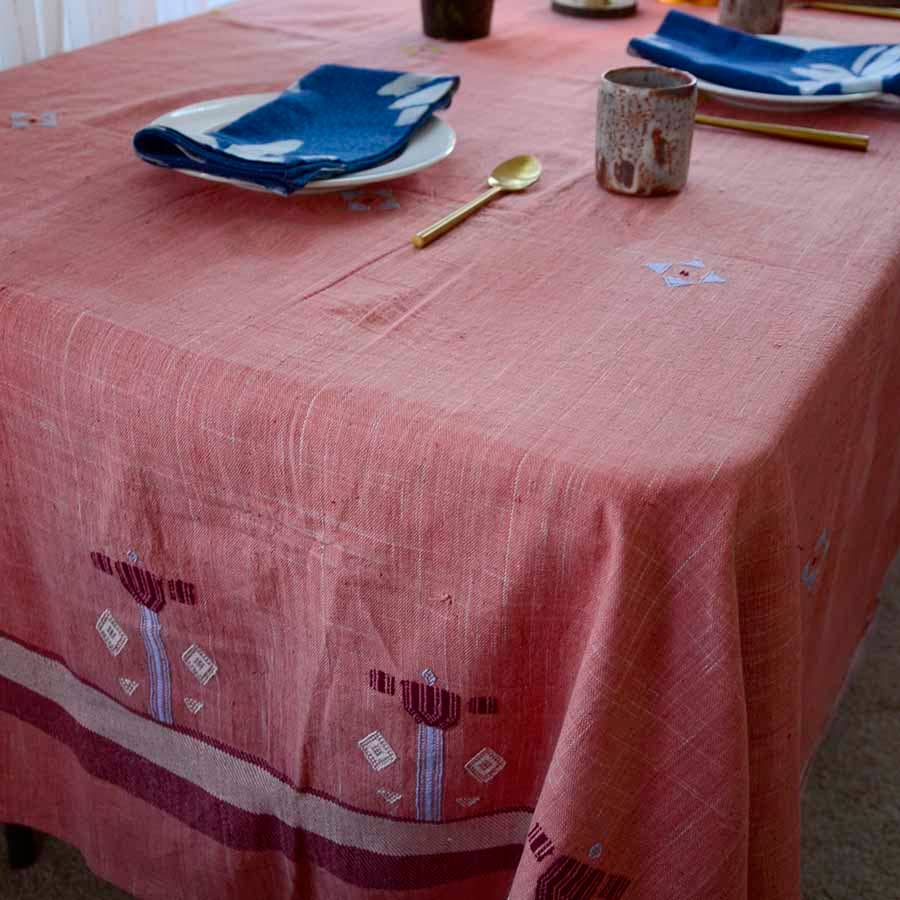 Pink Handwoven Organic Cotton Tablecloth | Indian Summer: 56"x108"