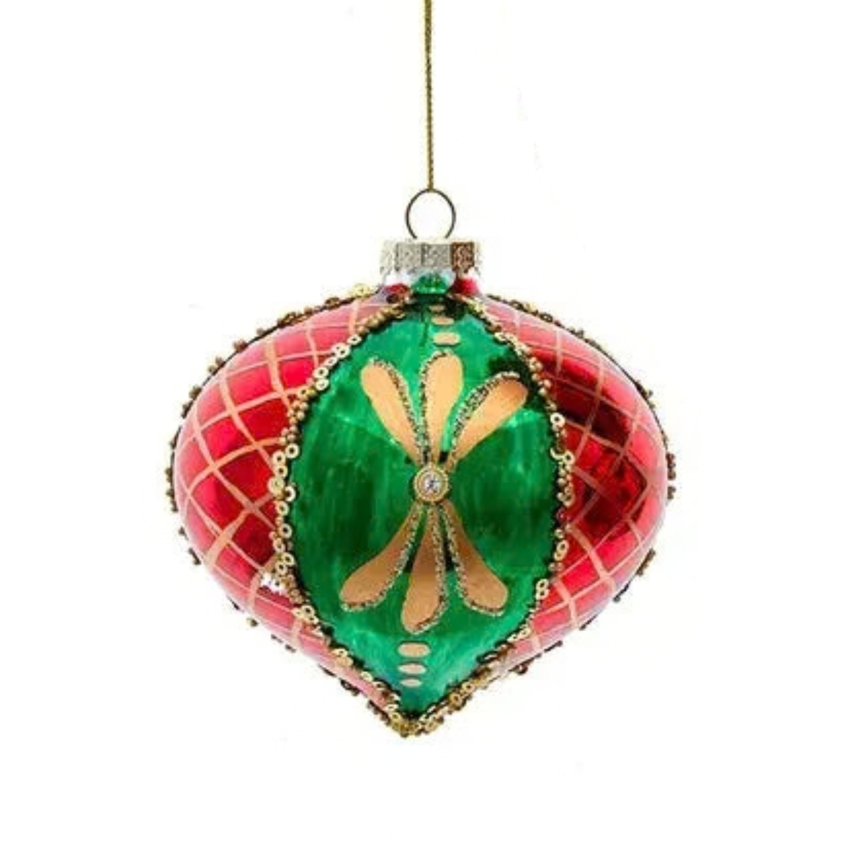 4" Glass Green+Gold+Red Ball/Drop/Onion Ornament