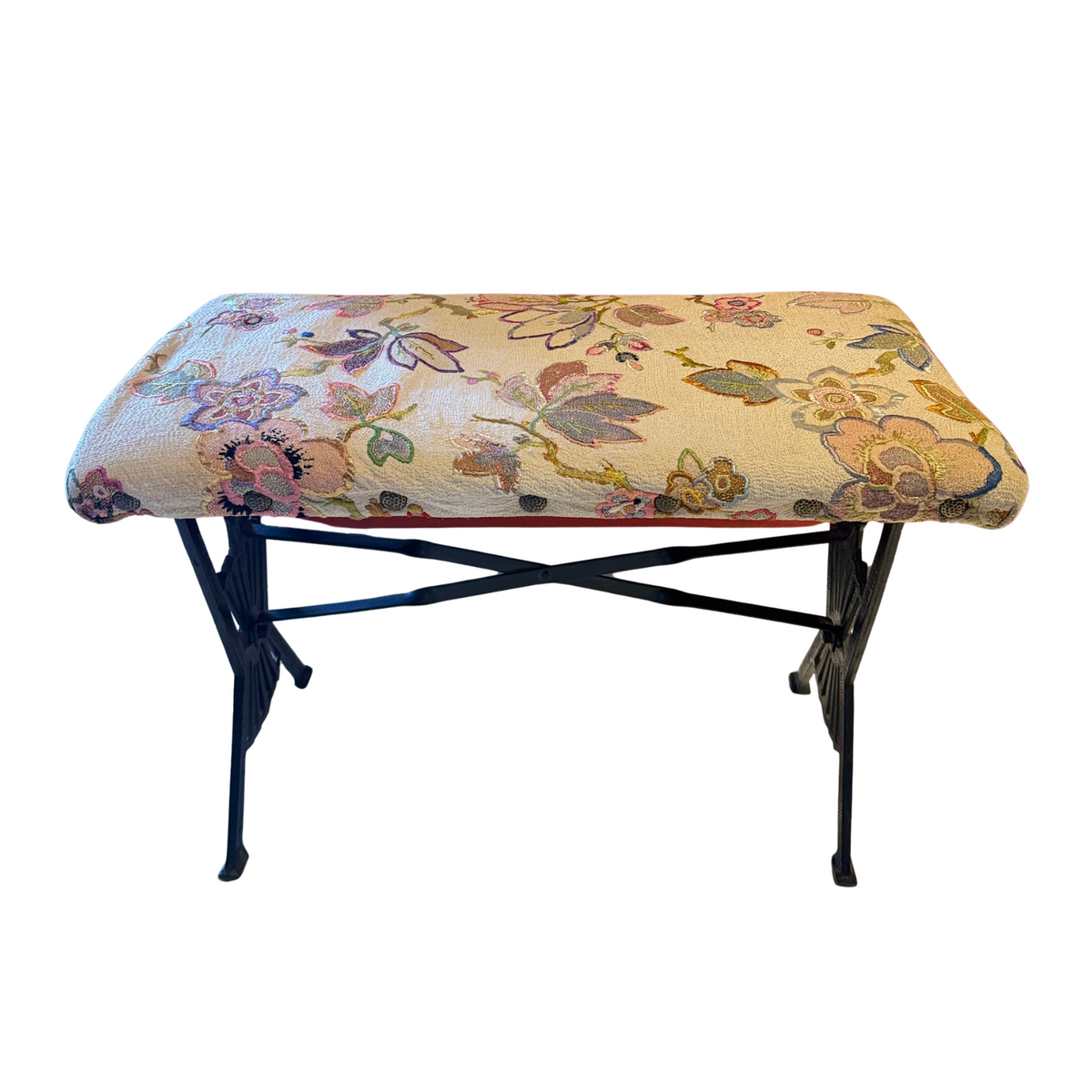 Early 20th Century Cast Iron Floral Victorian Vanity Bench with a Tapestry Cover