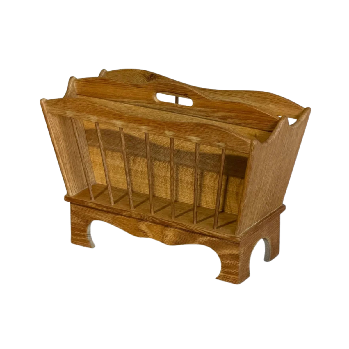 Oak Magazine Holder with Spindle Sides and Cut-Out Handle Vintage Mid-Century Modern 1970s