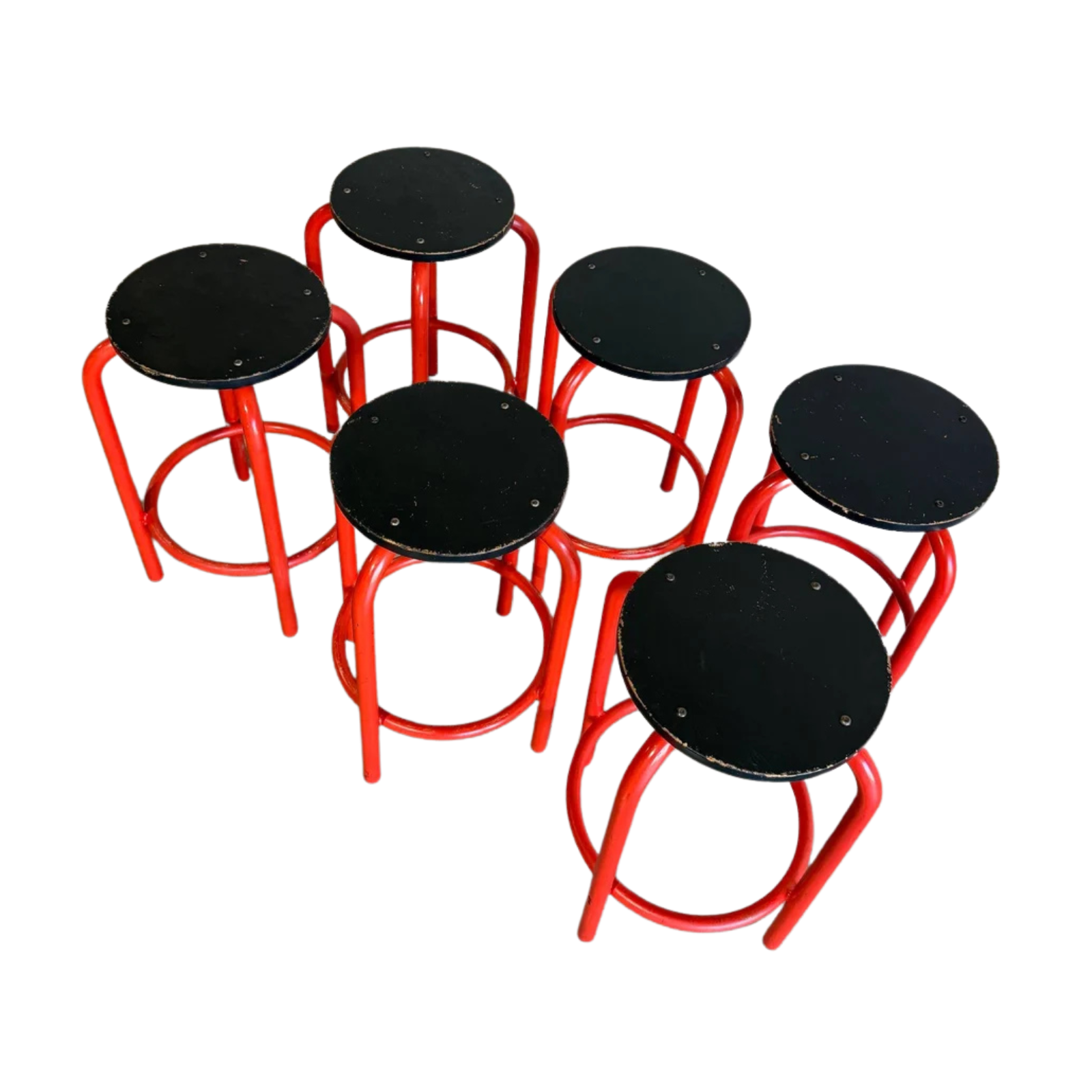 Set of 6 Red Plywood Bar Stools with Metal Frames Mid-Century Modern