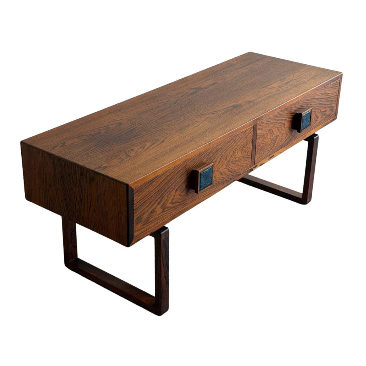 Rosewood 2-Drawer Storage Console with Blue Tile Handles Danish Mid-Century Modern 1970s
