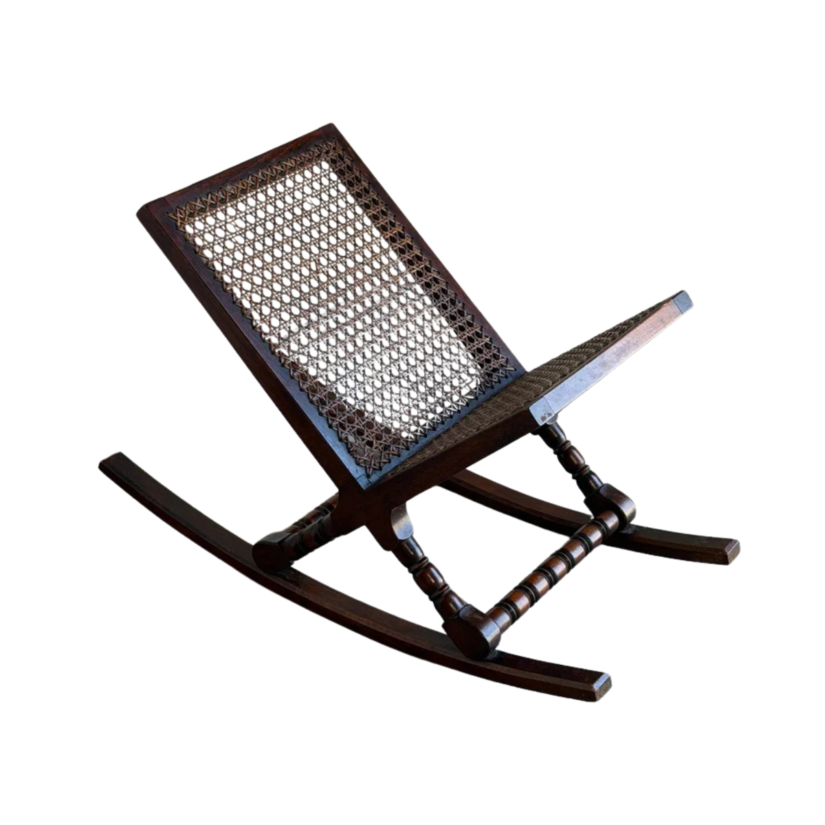 Vintage Danish Modern Rocking Magazine Rack in Dark Wood and Cane Denmark 1960s