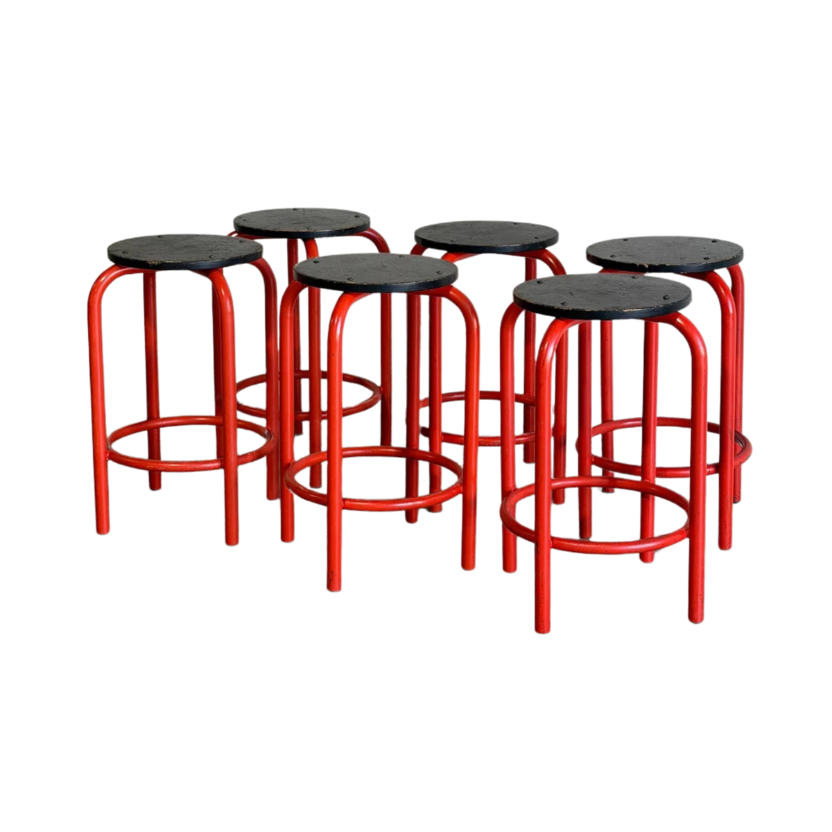Set of 6 Red Plywood Bar Stools with Metal Frames Mid-Century Modern