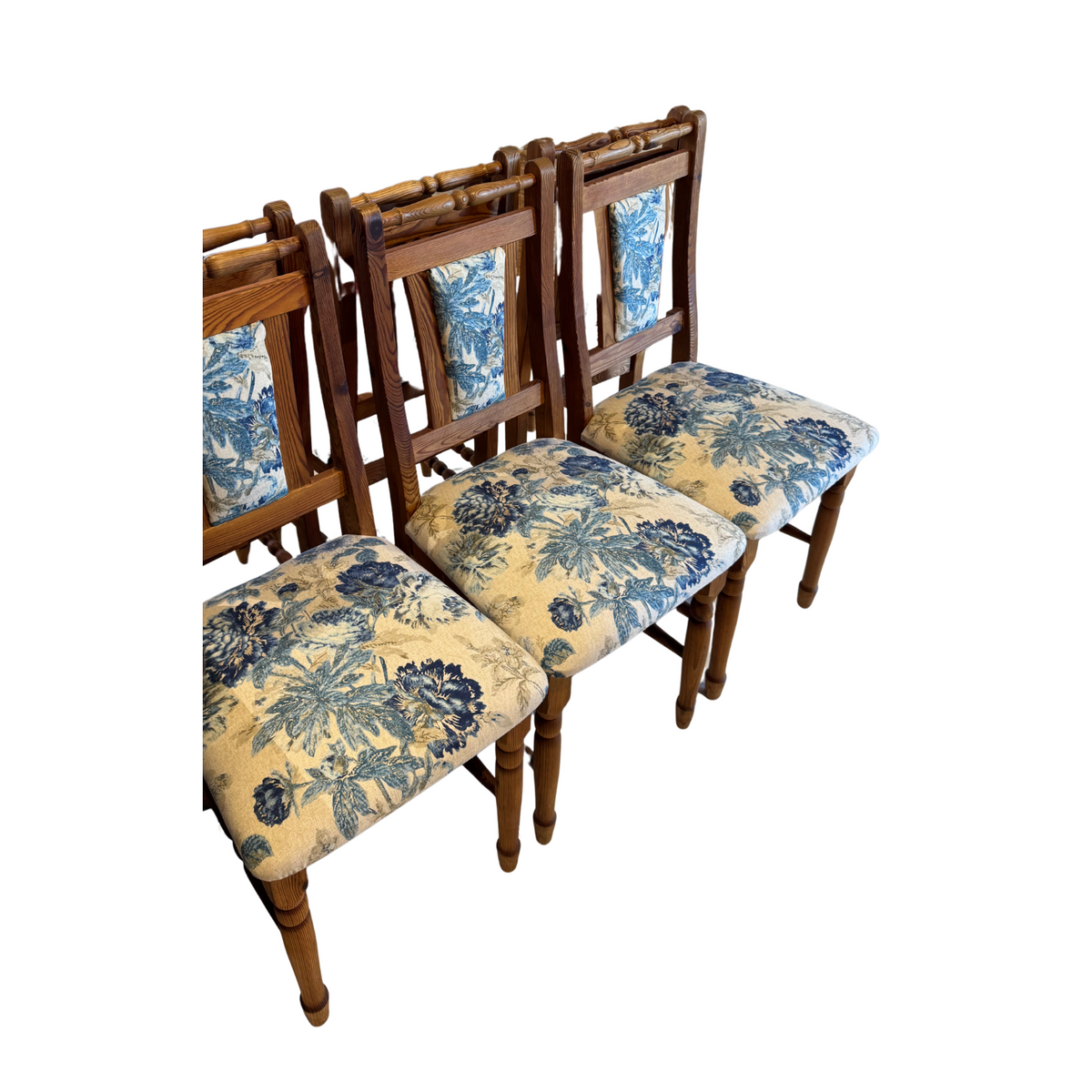 Vintage Pine High-Back Blue and White Upholstered Dining Chairs, Set of 6 Vintage 1980s