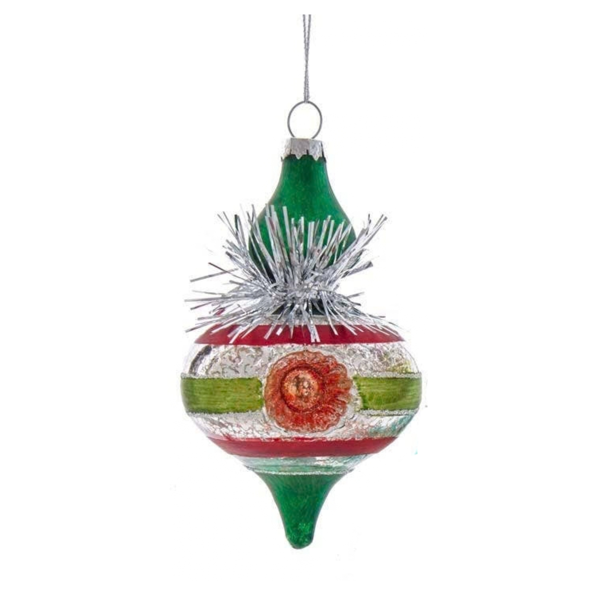 5" Glass Retro Finial with Tinsel Ornament, Green