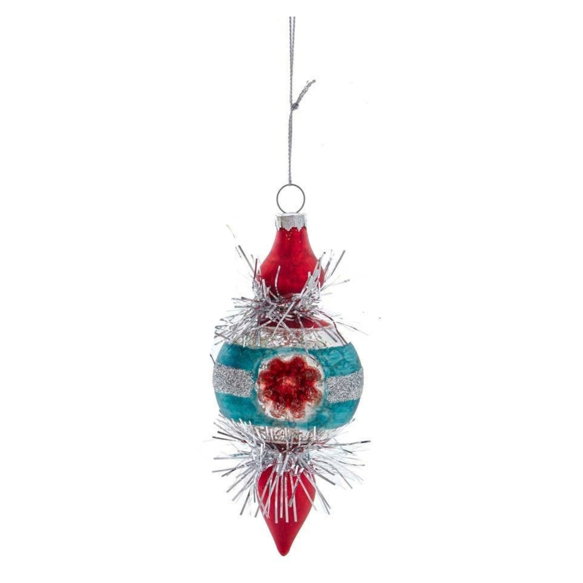 5" Glass Retro Finial with Tinsel Ornament, Red