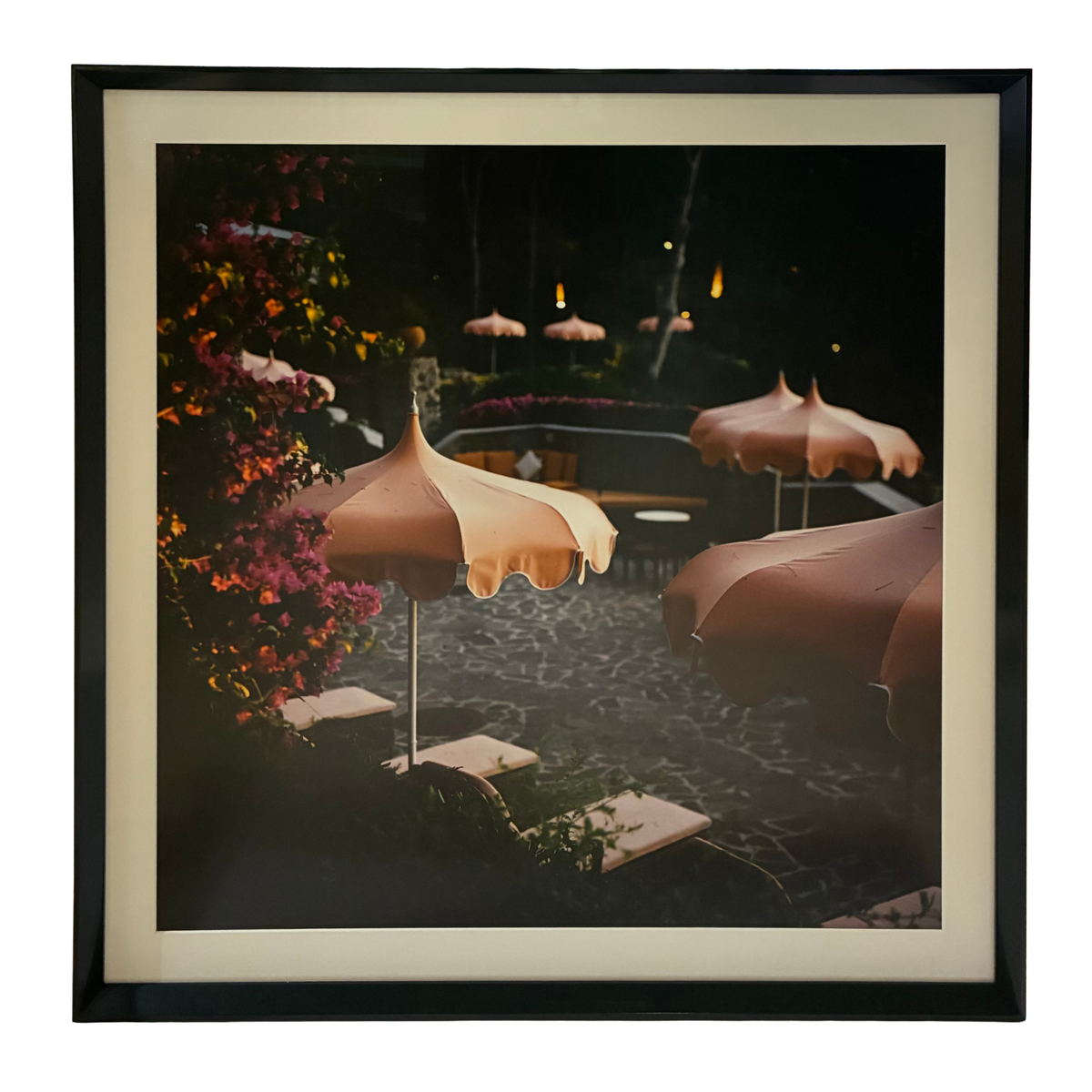Pink Umbrellas by Stephen Ringer in a Custom Dark Green Frame 33” x 33”