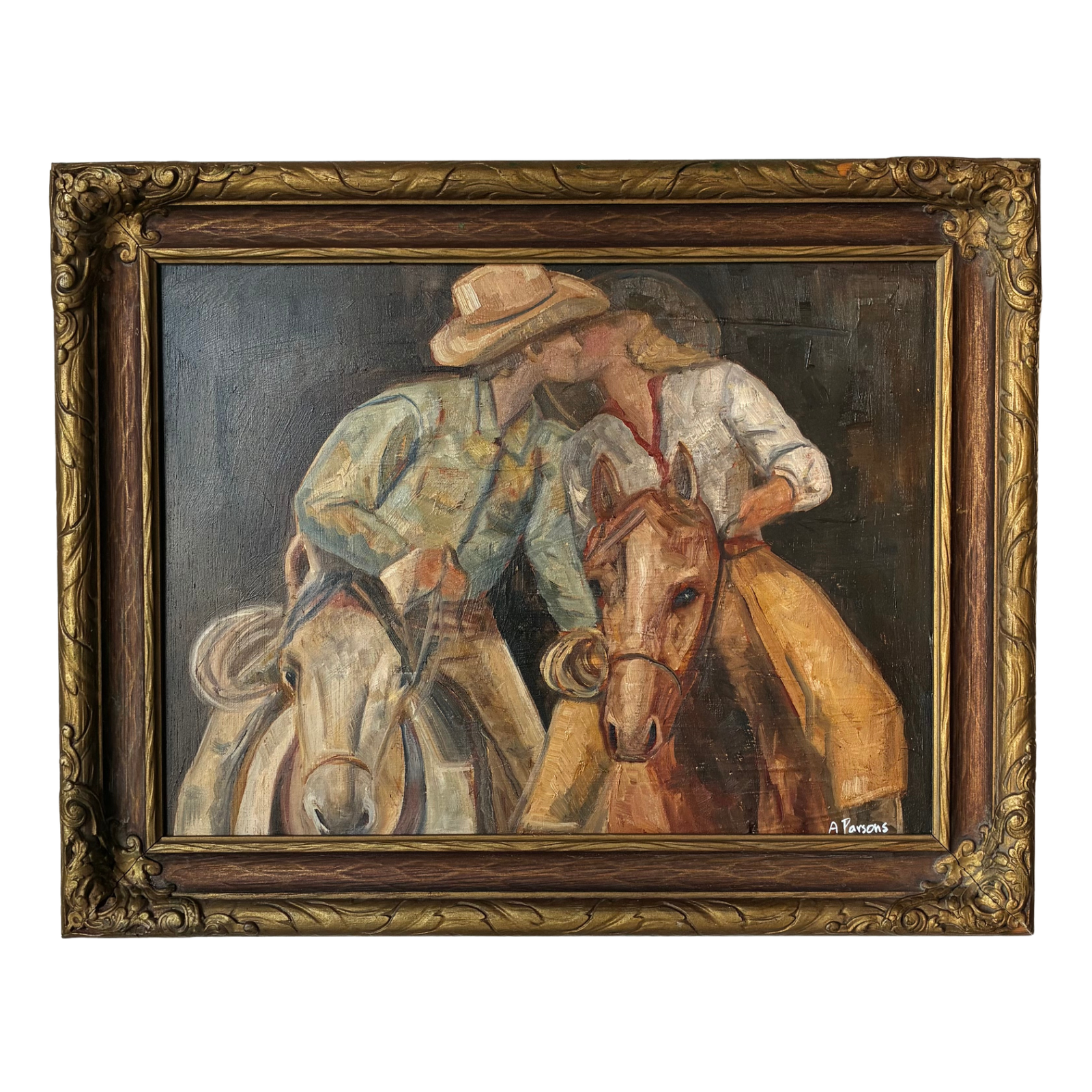 Alison Parsons, Kissing Cowboys in a Vintage Frame, 19” x 15”