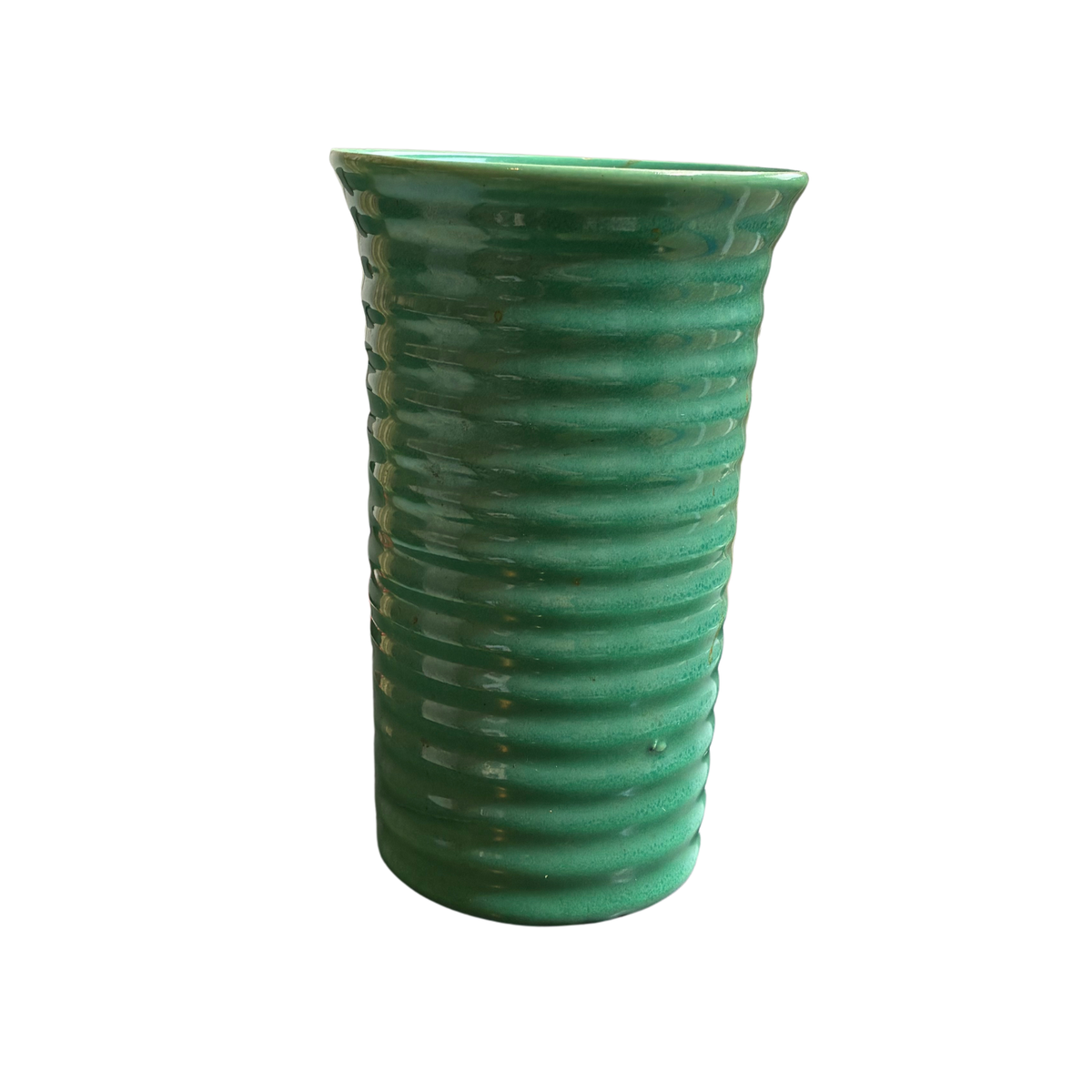 Authentic, vintage 6.5” Bauer Ringware cylinder vase in turquoise