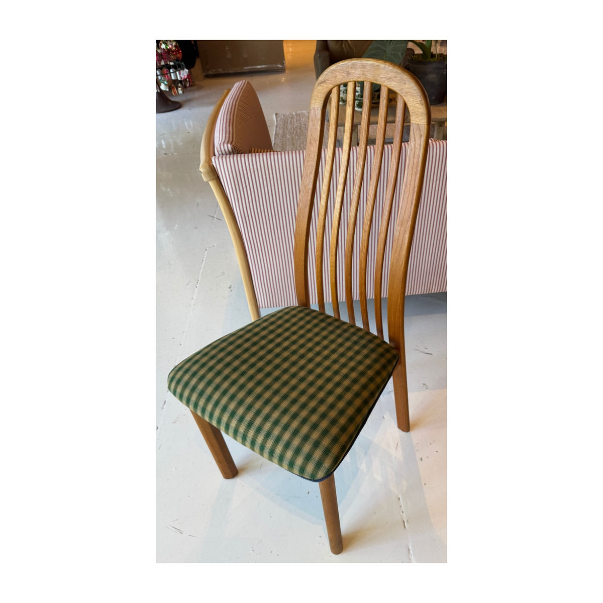 Vintage Dining Chairs, Checkered Green Organic Cotton Upholstered Seats (Set of 5)