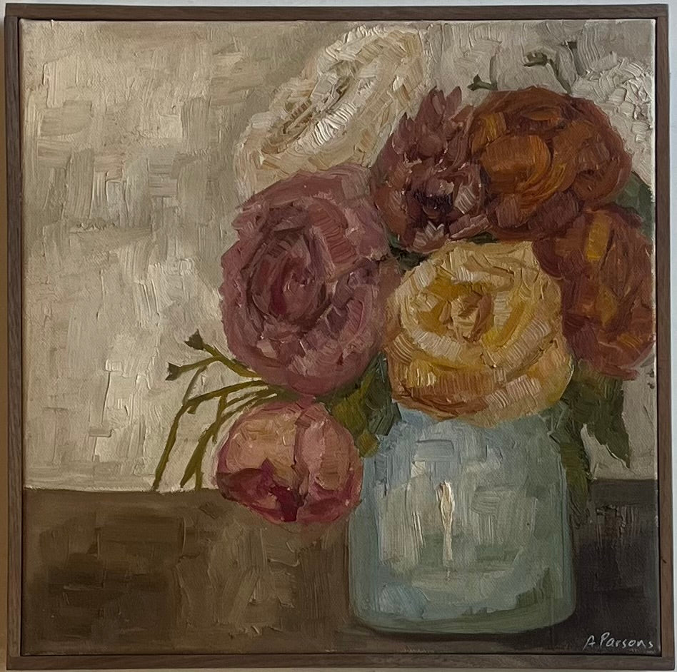 Alison Parsons, Floral Bouquet with Sky Blue Vase 12.5” x 12.5”
