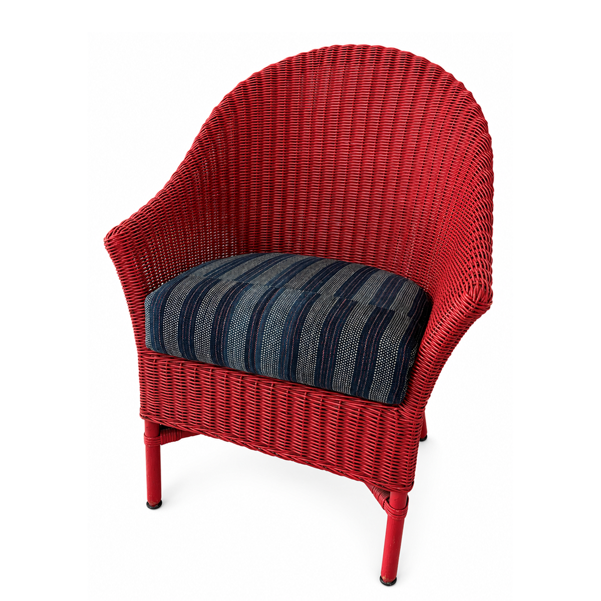 Vintage Red Wicker Chair with Custom Reupholstered African Cloth Cushion