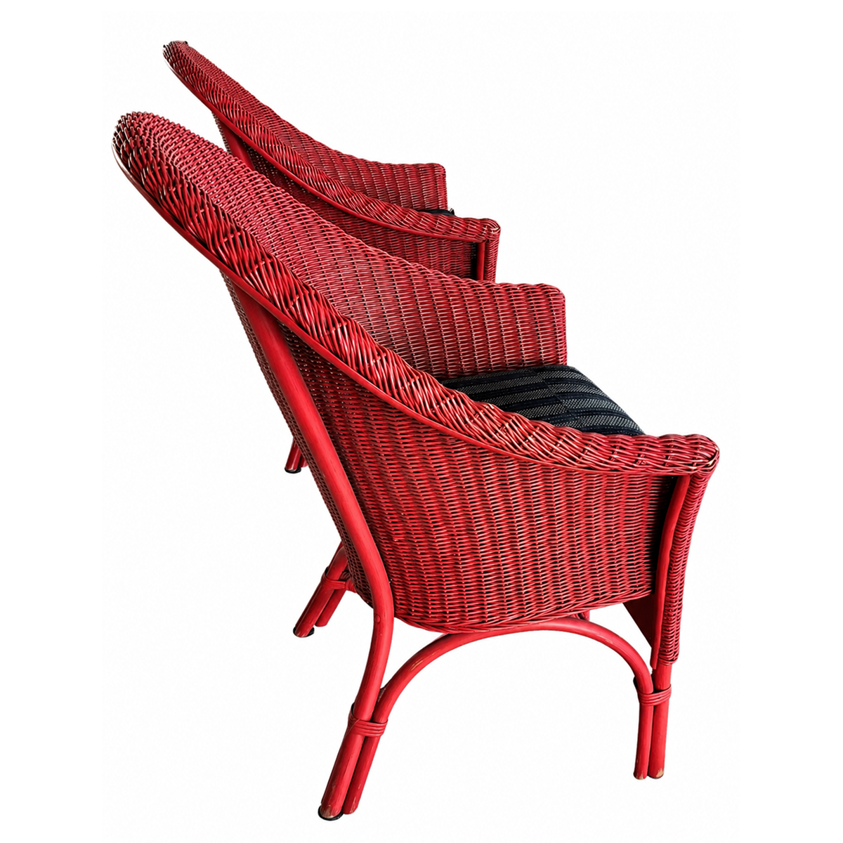 Vintage Red Wicker Chair with Custom Reupholstered African Cloth Cushion