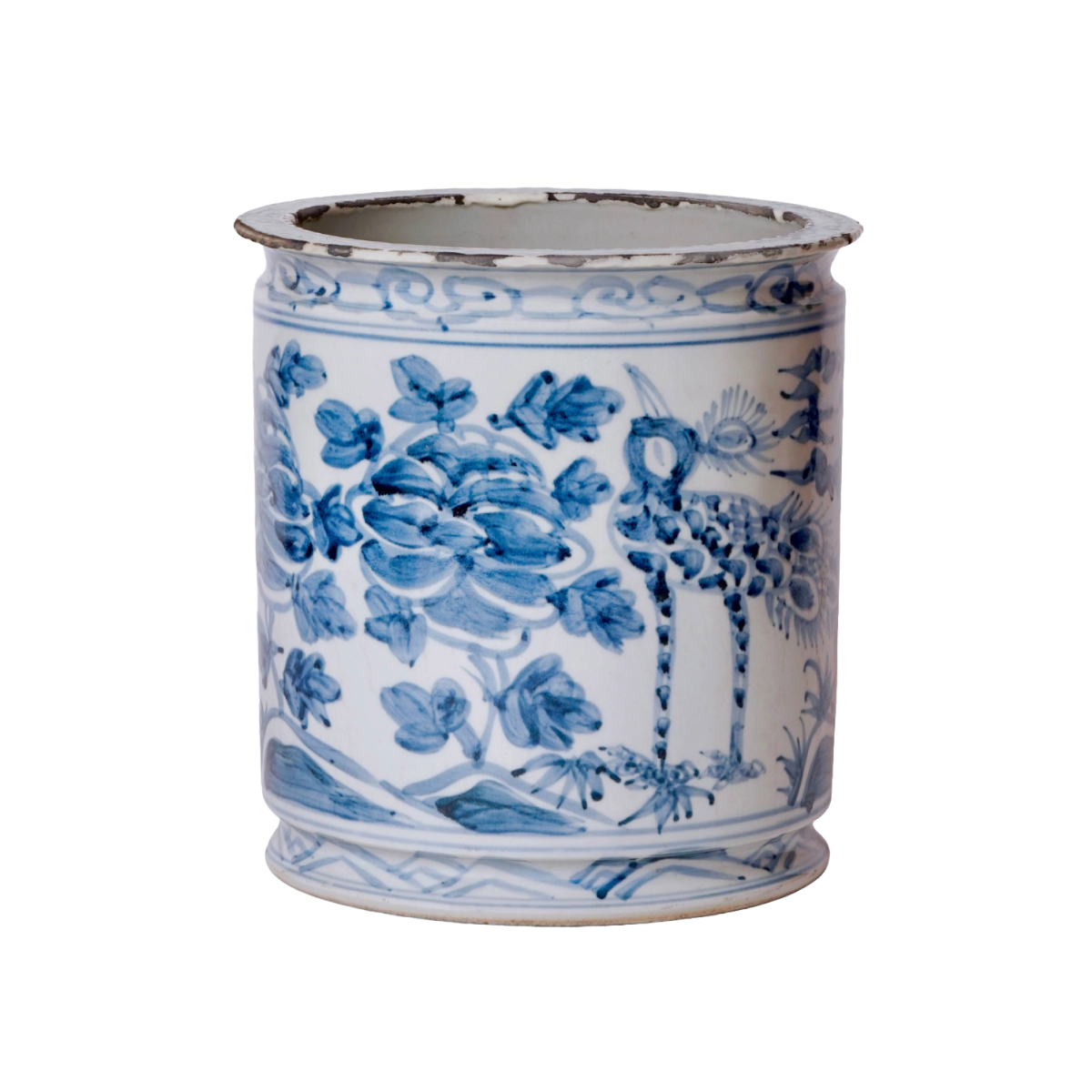 Rustic Peacock Blue and White Porcelain Cachepot