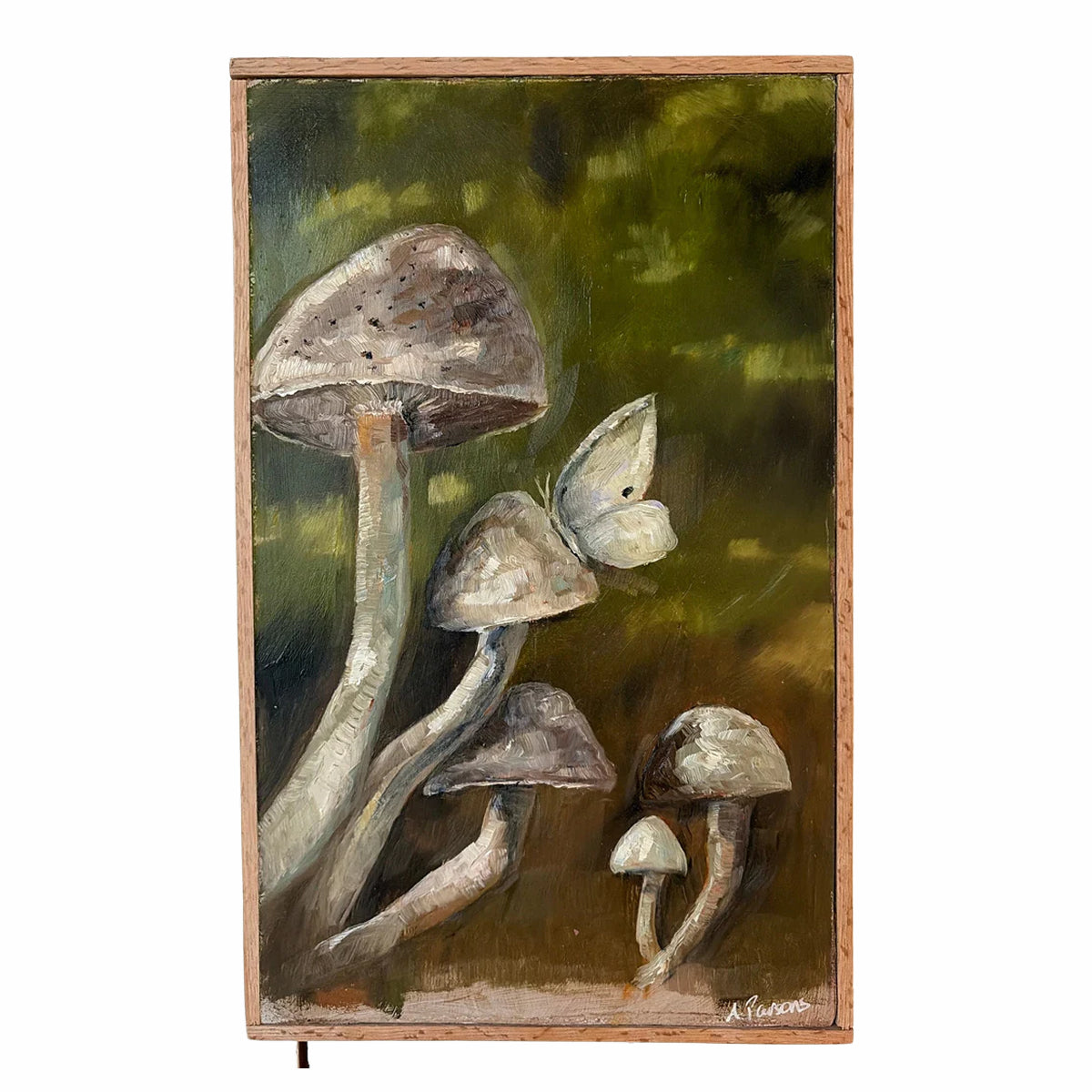 Ali Parsons, White Mushrooms with White Butterfly 14.5”x9”