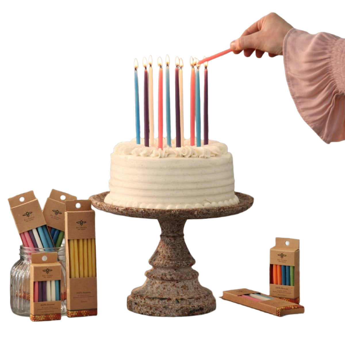 Birthday Candles – 100% Pure Beeswax – 6” Hand-Dipped: Assorted Pastel Colors, Pack of 12 Candles
