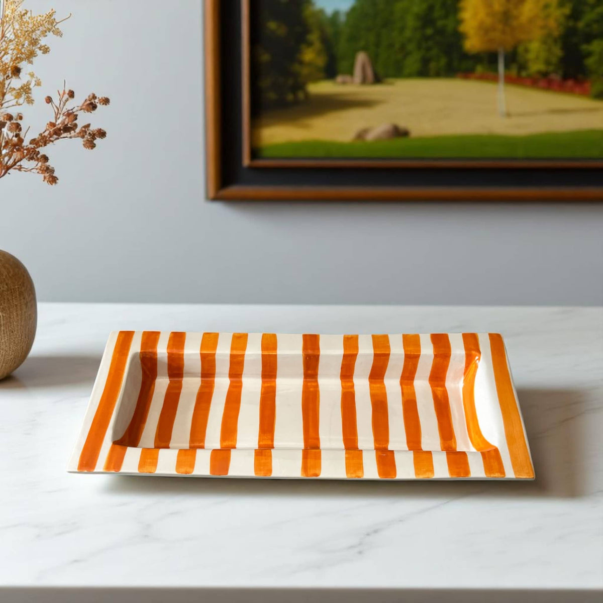 Handmade Striped Ceramic Serving Platter — Orange & White