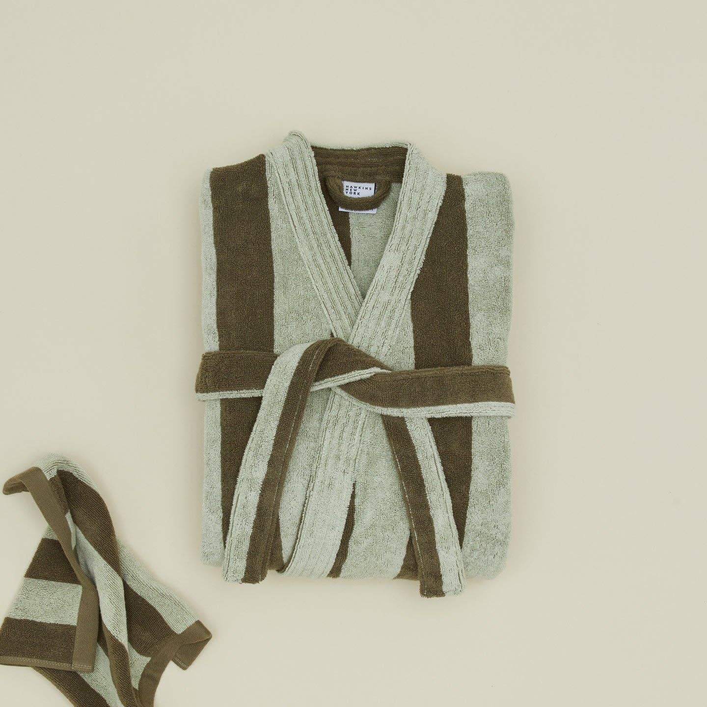 Simple Striped Terry Bathrobe- Olive/Sage: Large