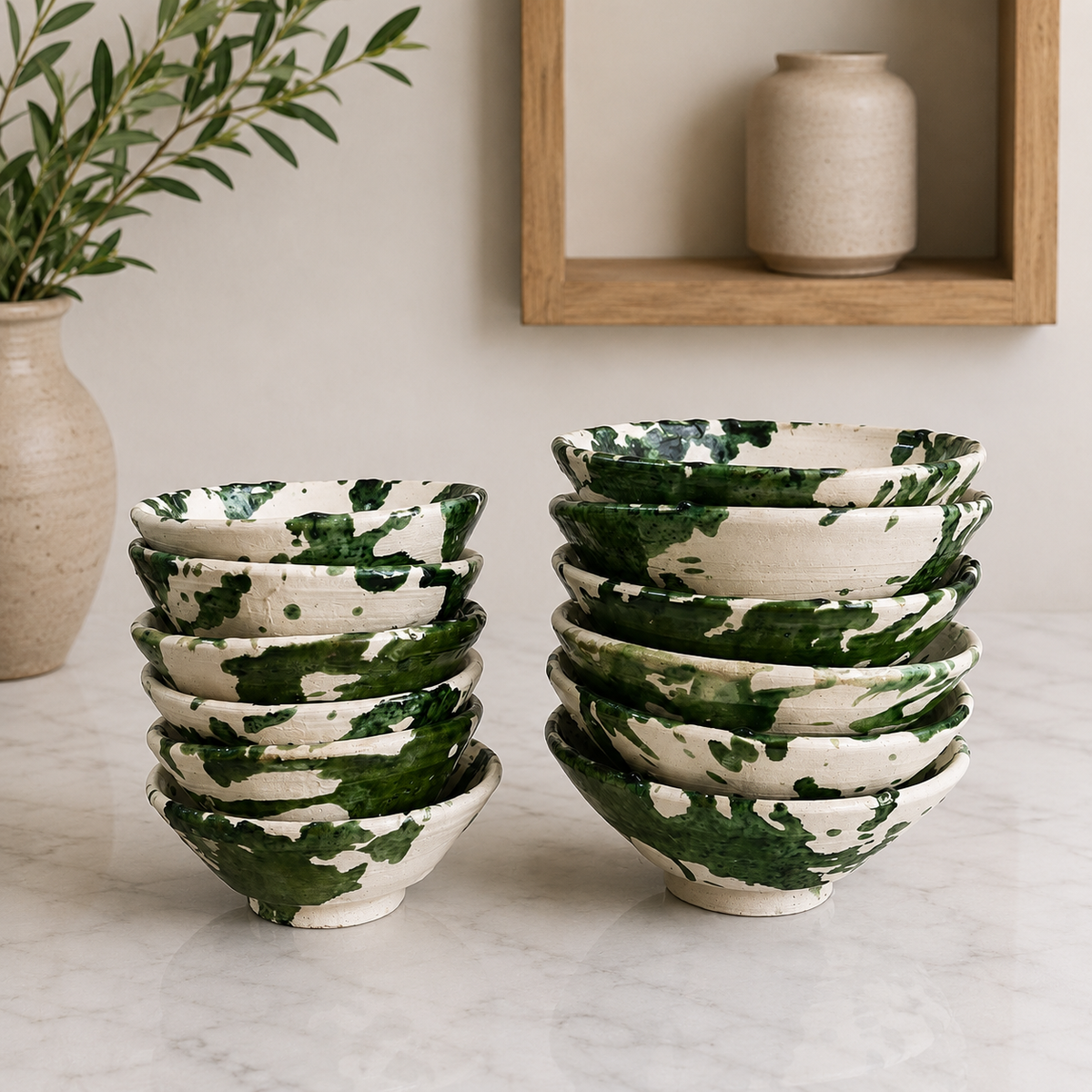 Handmade Green Splatter Ceramic Bowls | Rustic Moroccan Serving Bowls, Sold Individually