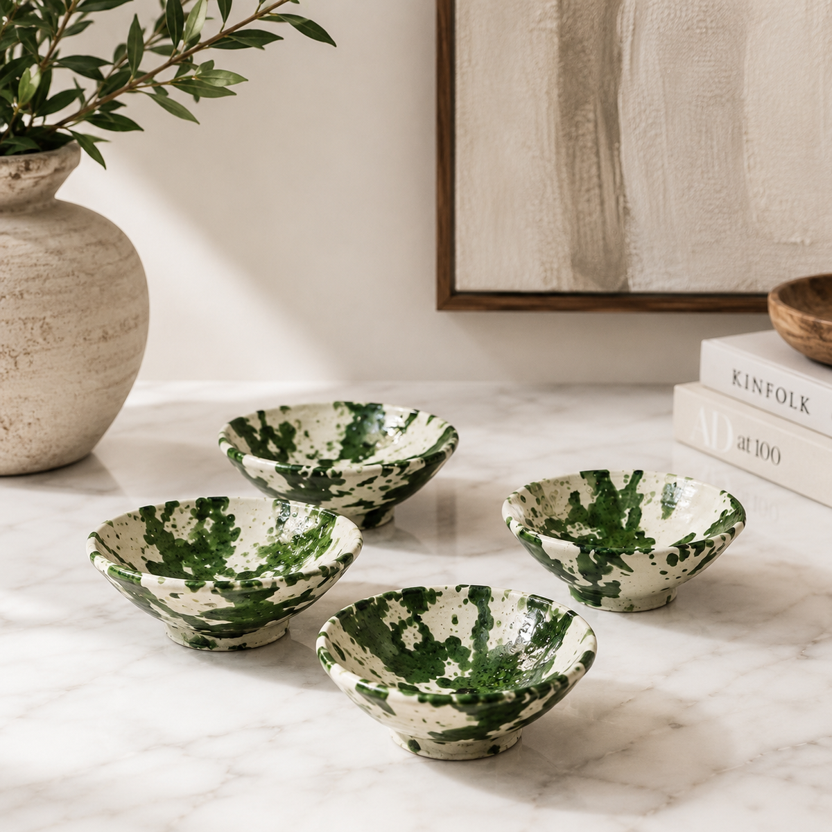 Handmade Green Splatter Ceramic Bowls | Rustic Moroccan Serving Bowls, Sold Individually