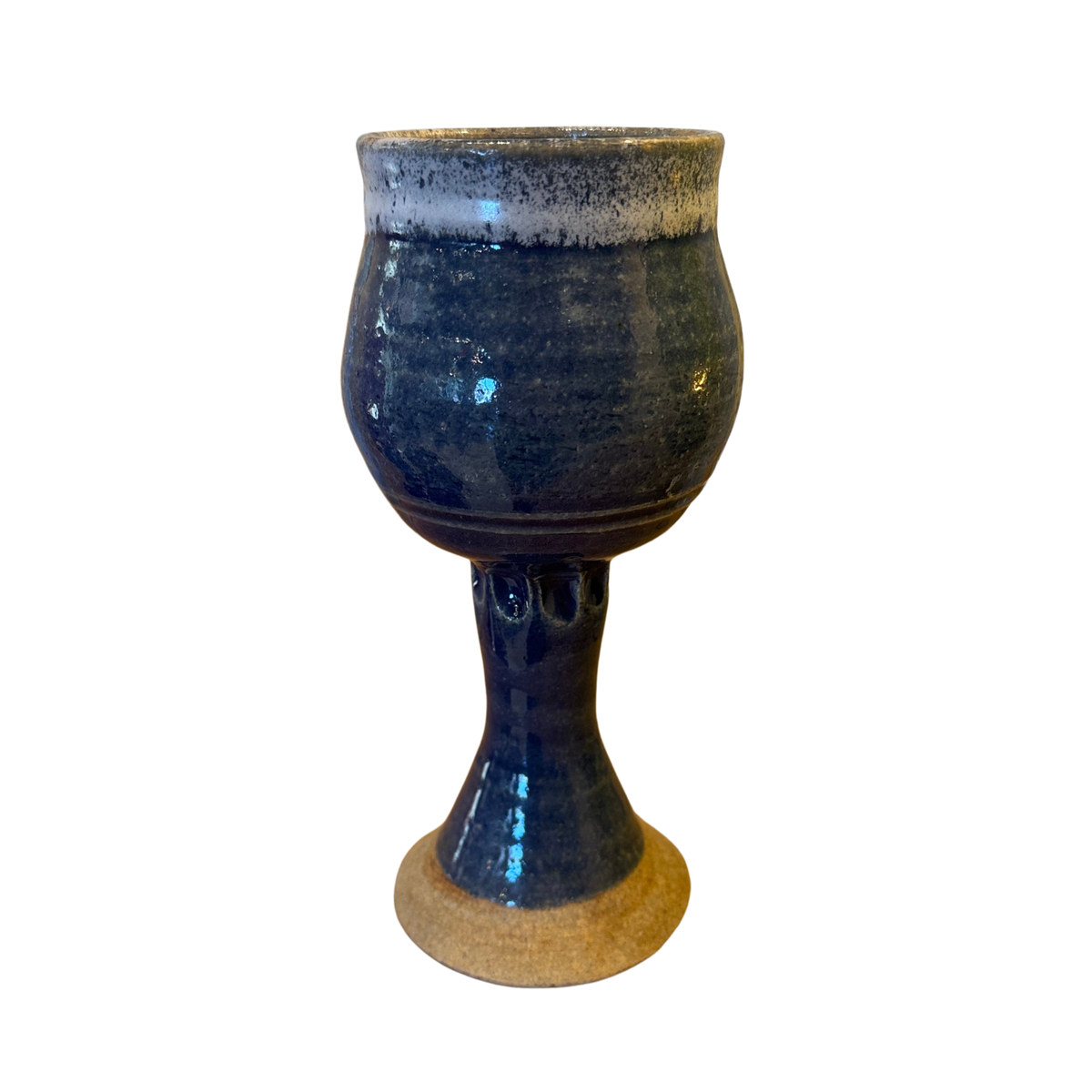 Vintage Ceramic Wine Goblet. Authentic 1994 wheel-thrown stoneware creation by the American studio potter Jim Clark, featuring a deep blue/cobalt glaze with a contrasting white frothy drip glaze along the rim and an unglazed, raw stoneware base.
