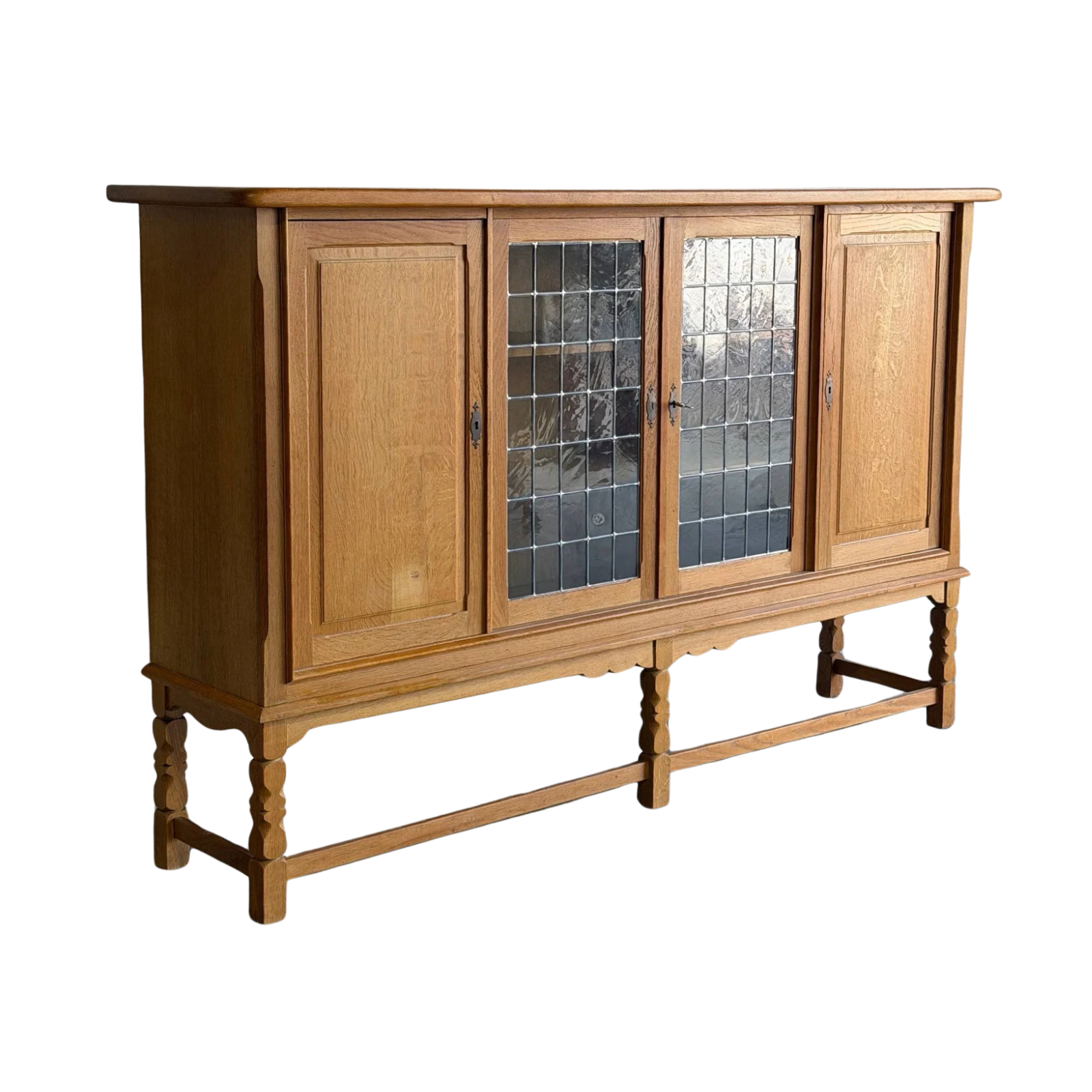 Henning Kjærnulf Large Oak Sideboard with 2 Leaded Glass and 2 Panel Doors Denmark 1960s