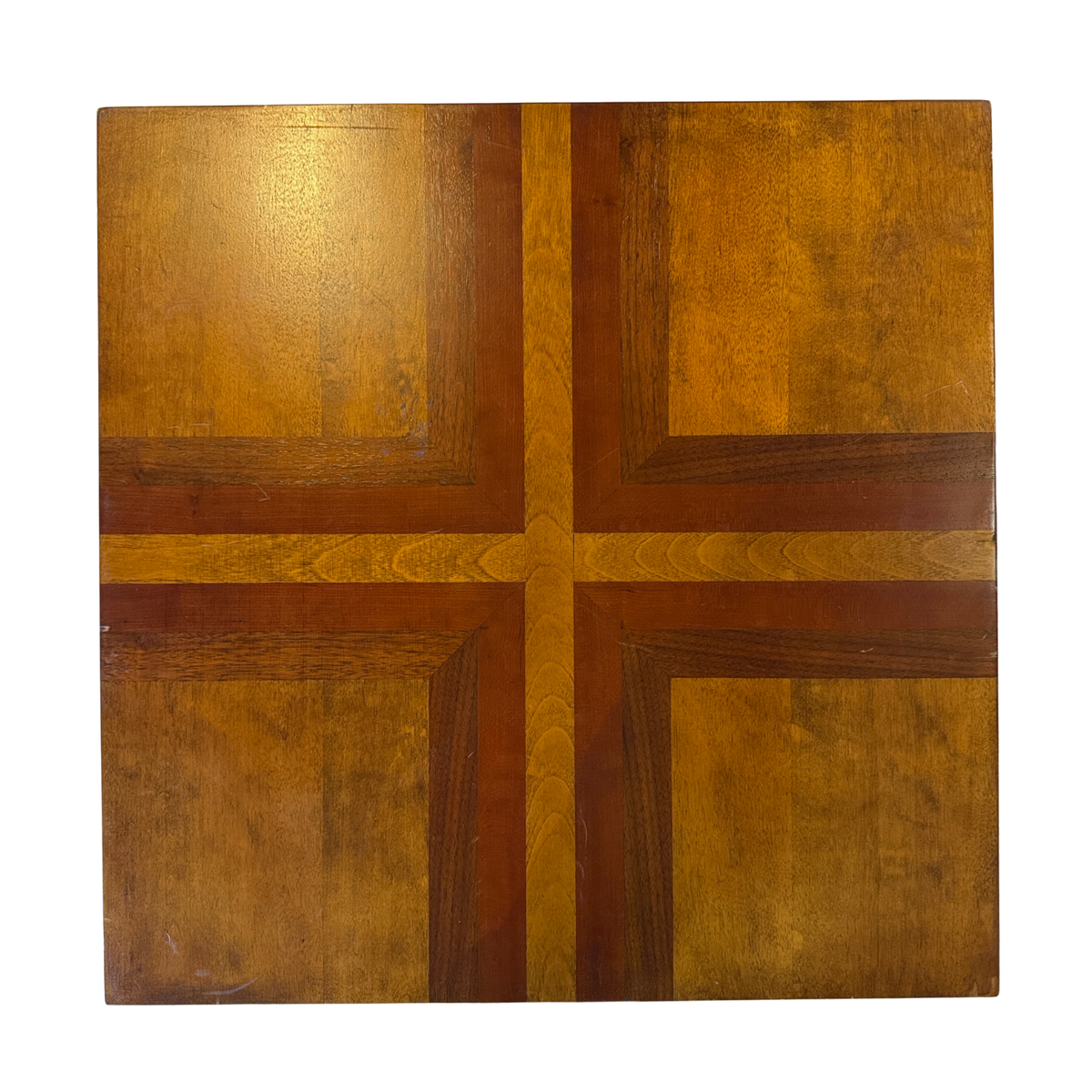 Mid-Century Modern Sculptural X-Shaped Side Table with architectural pedestal base, solid wood and mixed-wood cross-inlay tabletop.