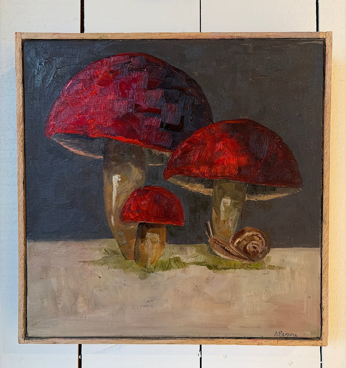 Alison Parsons, Mushrooms and Snail 12”x12”