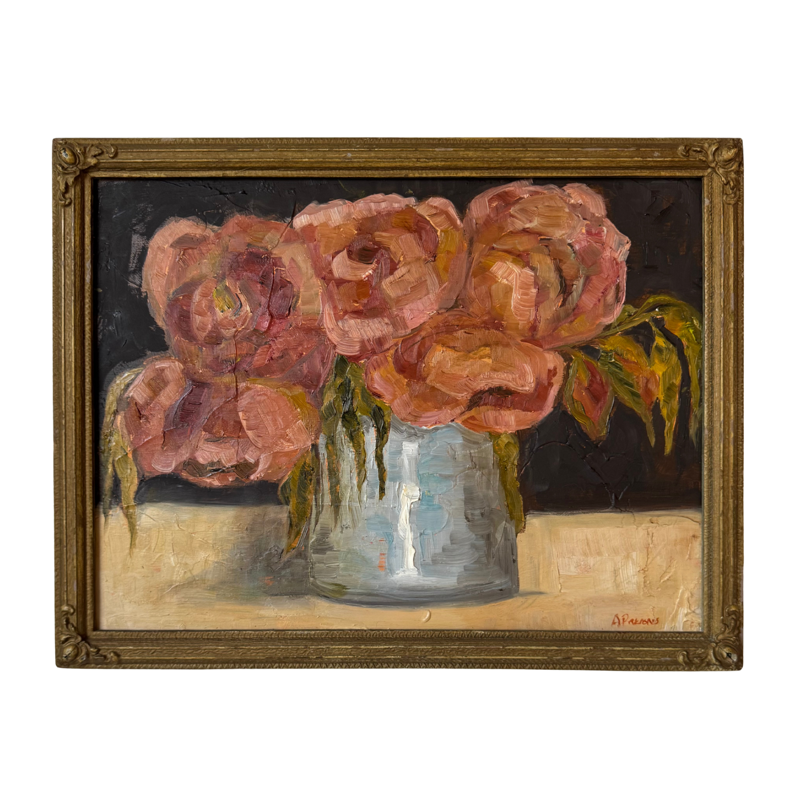 Alison Parsons, Pink Floral in a Gold Vintage Frame, 18” x 14”