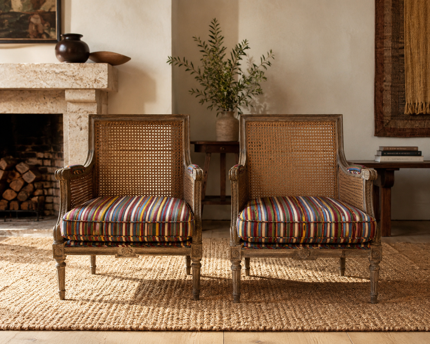 Pair of Square Back Cane Chairs Upholstered in Olivia Dickinson Striped Fabric