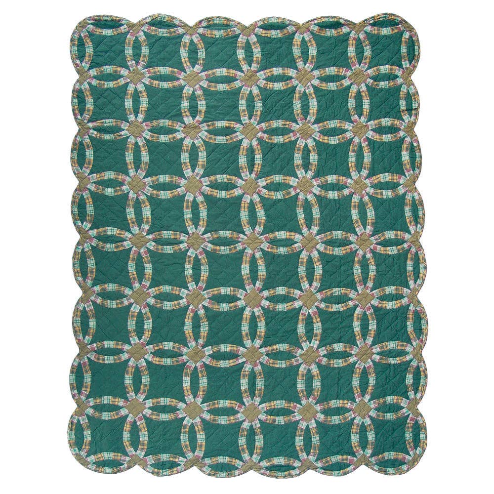 Green Double Wedding Ring Quilt, Patchworked cotton Quilts.: Crib / Baby Quilt