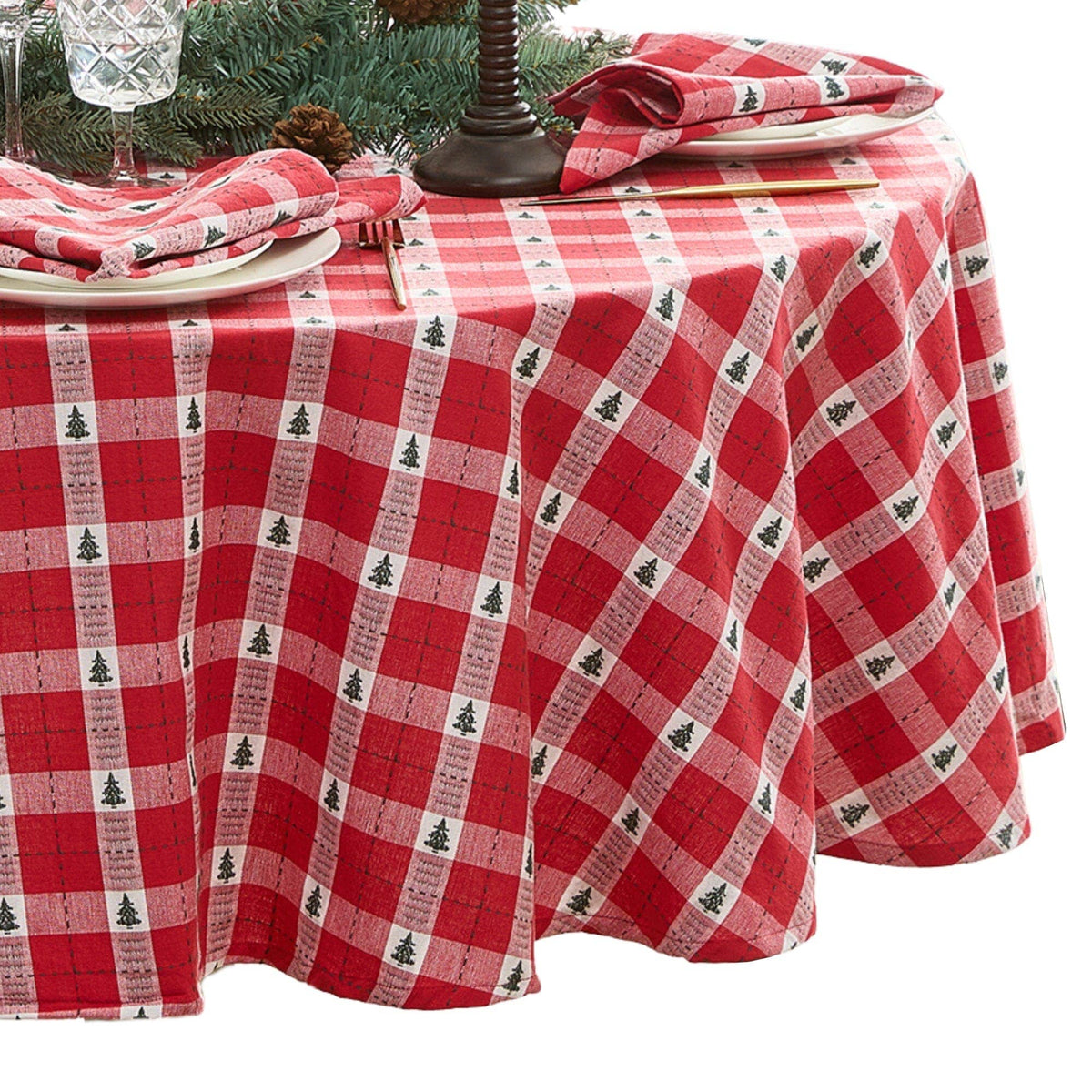 Sherwood Tree Dobby Cotton Tablecloth: Red / 70" Round